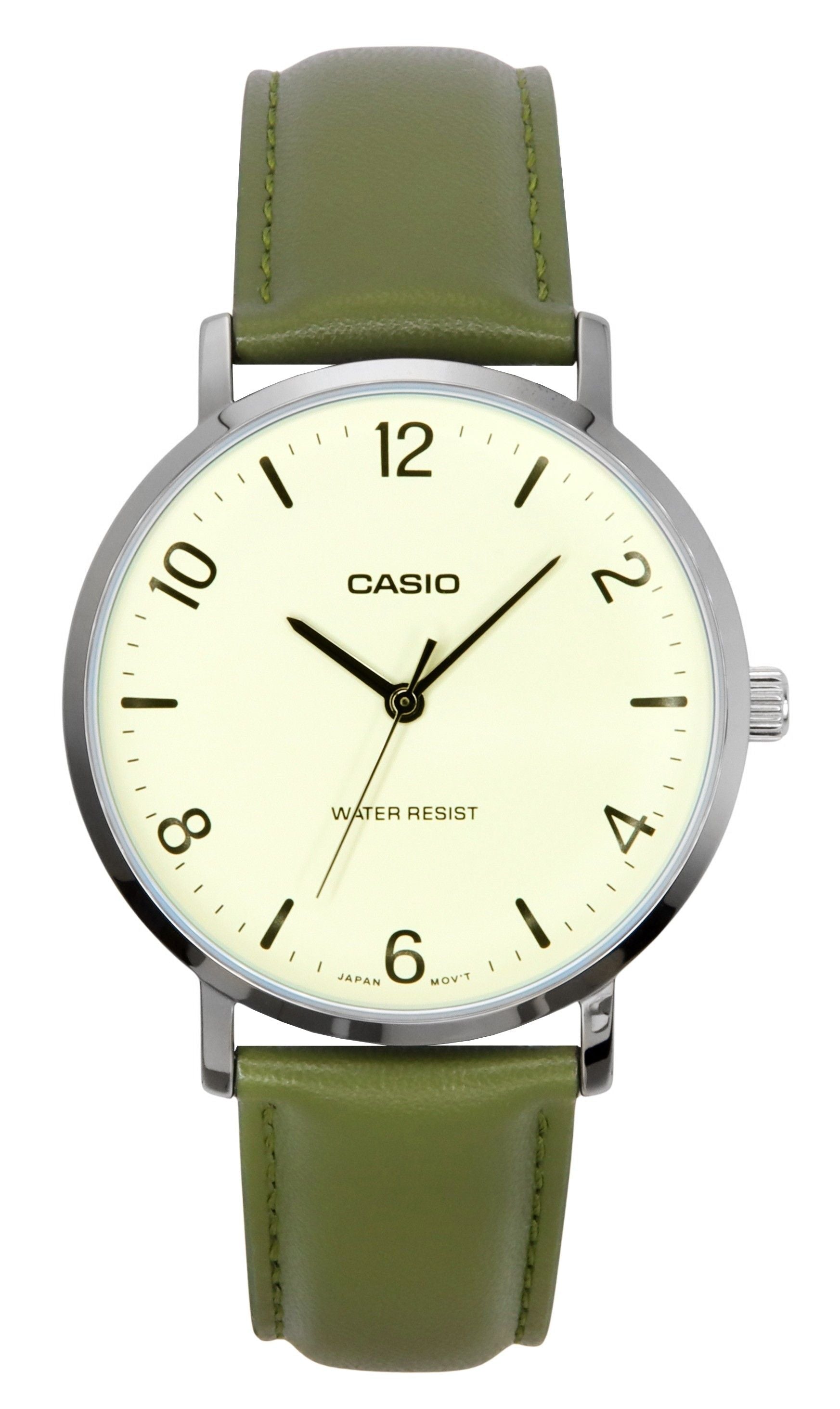Casio Standard Analog Green Leather Strap White Dial Quartz MTP - VT03L - 7B Men's Watch - Prestige Stones