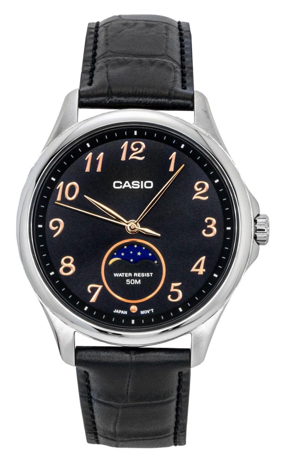 Casio Standard Analog Moon Phase Leather Strap Black Dial Quartz MTP - M110L - 1AV Men's Watch - Prestige Stones