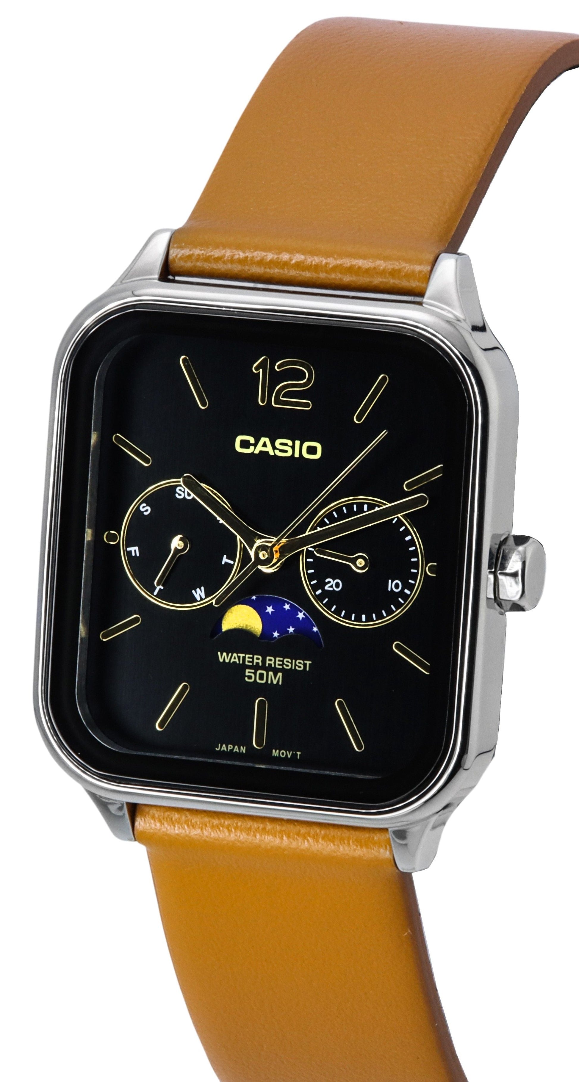 Casio Standard Analog Moon Phase Leather Strap Black Dial Quartz MTP - M305L - 1A Men's Watch - Prestige Stones