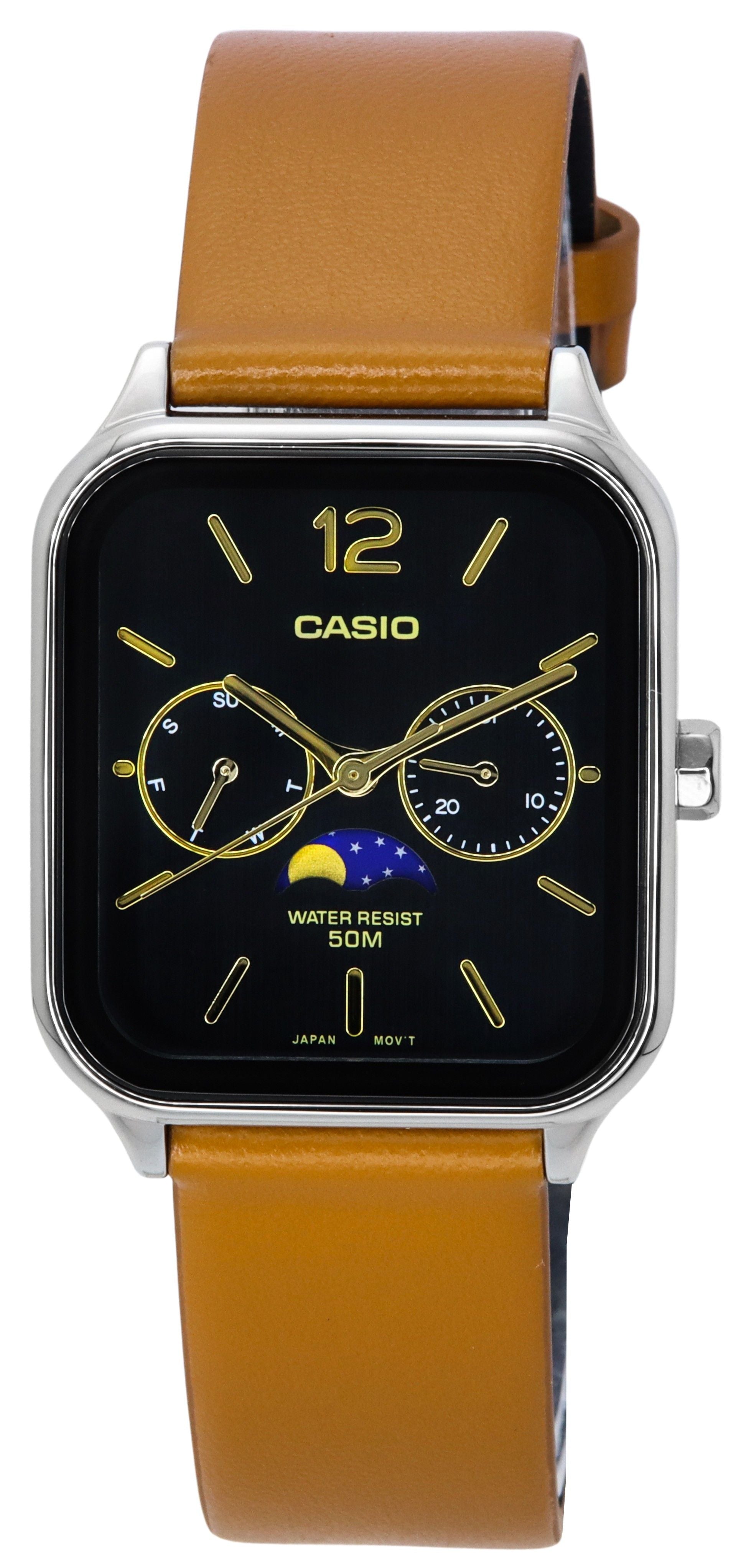 Casio Standard Analog Moon Phase Leather Strap Black Dial Quartz MTP - M305L - 1A Men's Watch - Prestige Stones