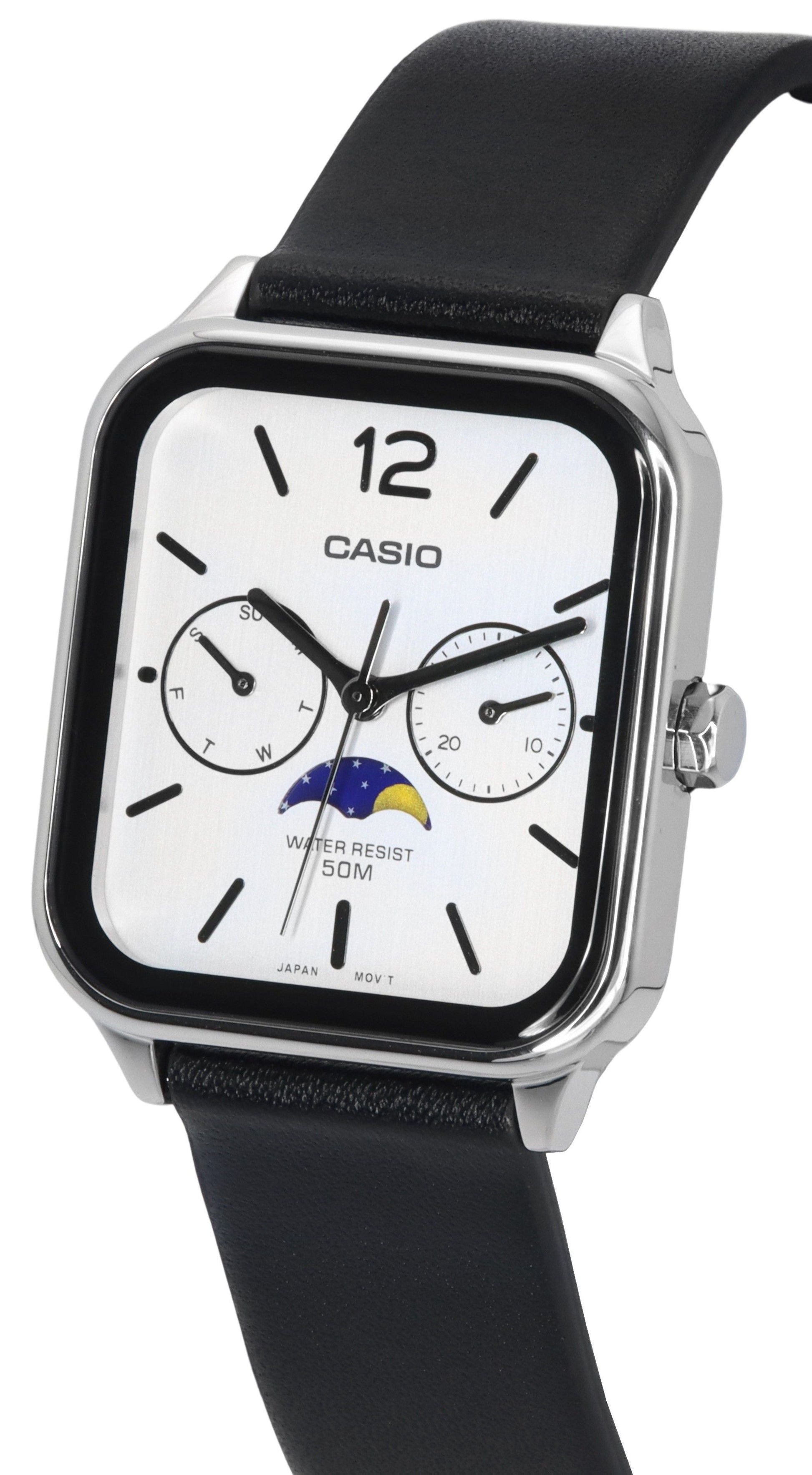 Casio Standard Analog Moon Phase Leather Strap White Dial Quartz MTP - M305L - 7A Men's Watch - Prestige Stones