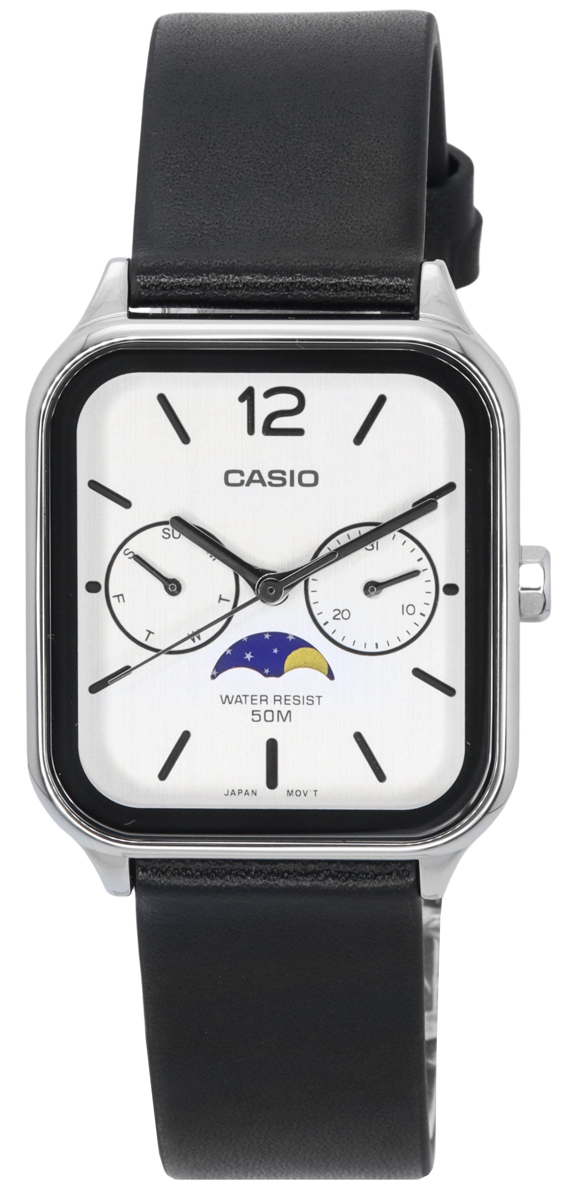 Casio Standard Analog Moon Phase Leather Strap White Dial Quartz MTP - M305L - 7A Men's Watch - Prestige Stones