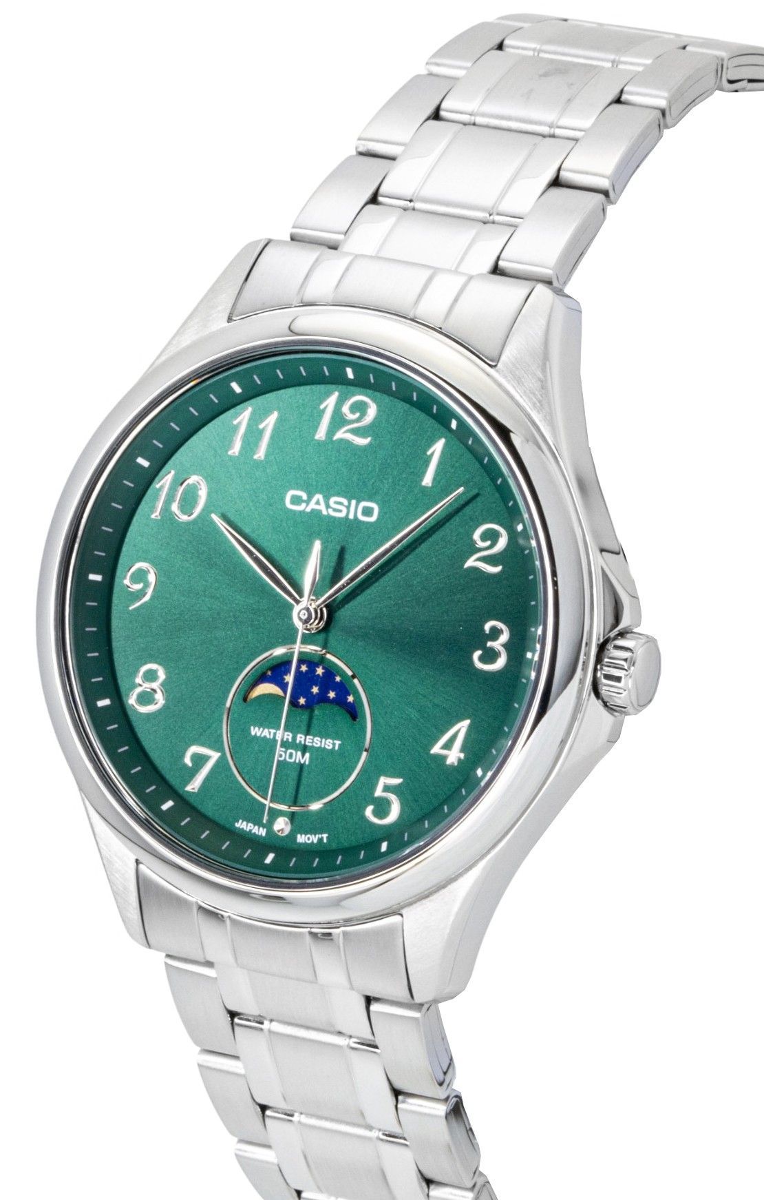 Casio Standard Analog Moon Phase Stainless Steel Green Dial Quartz MTP - M110D - 3AV Men's Watch - Prestige Stones