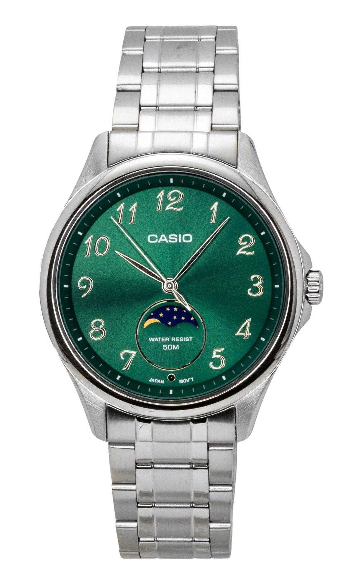 Casio Standard Analog Moon Phase Stainless Steel Green Dial Quartz MTP - M110D - 3AV Men's Watch - Prestige Stones