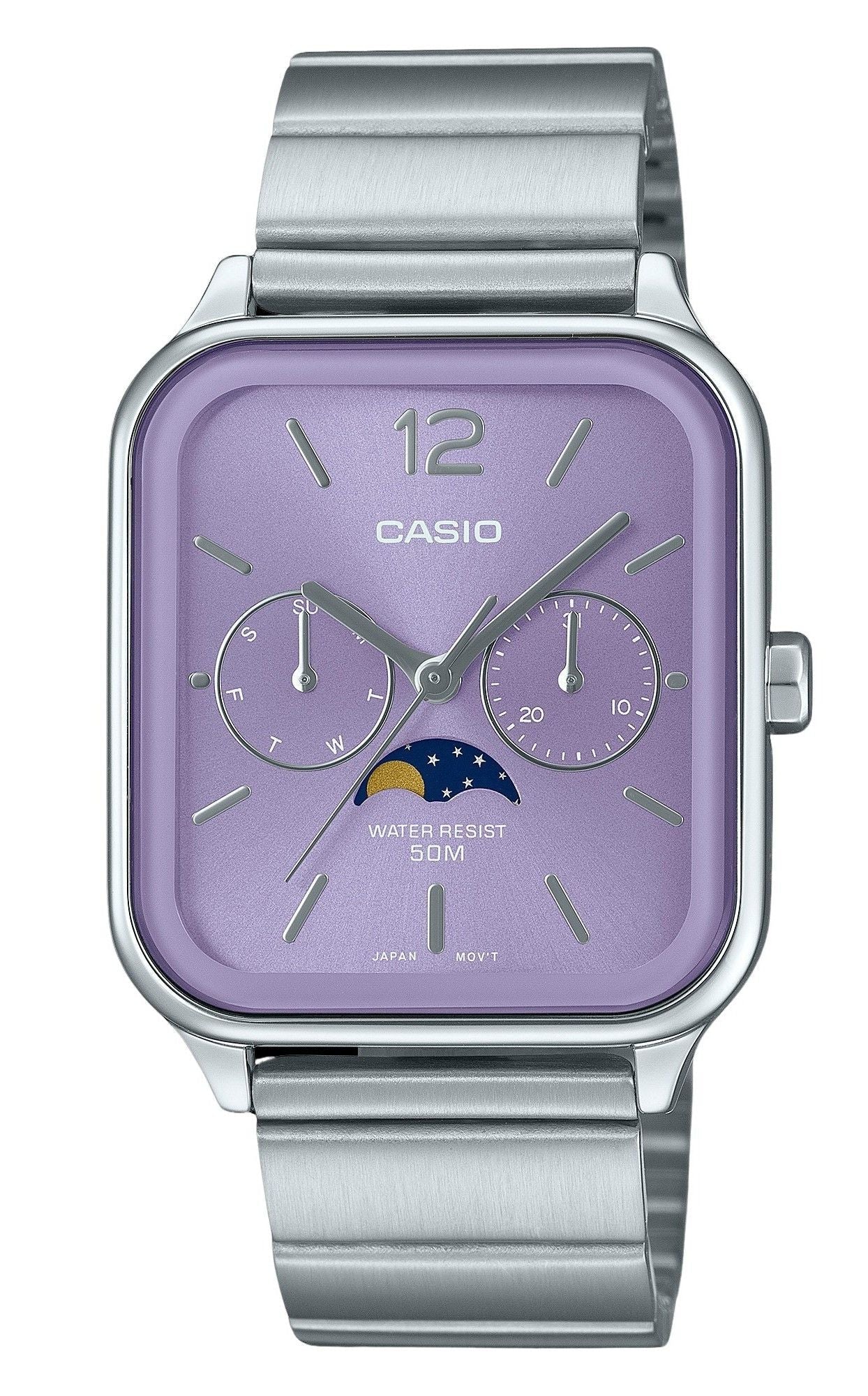 Casio Standard Analog Moon Phase Stainless Steel Purple Dial Quartz MTP - M305D - 6AV Men's Watch - Prestige Stones