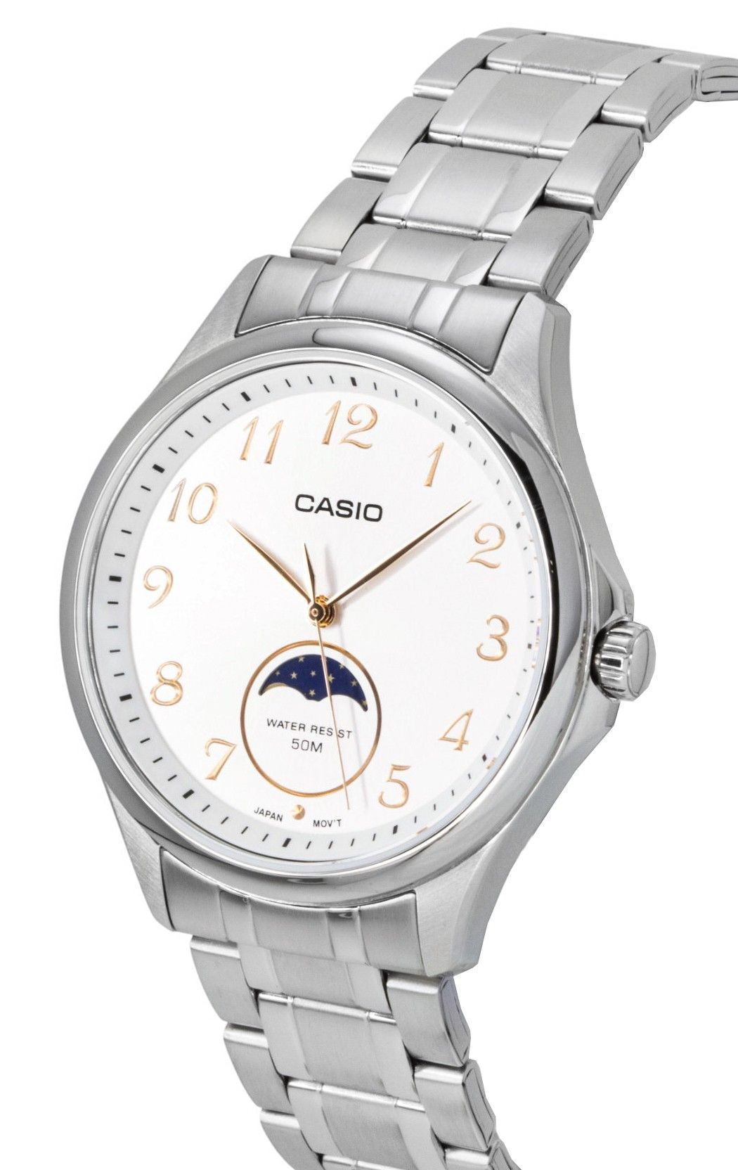 Casio Standard Analog Moon Phase Stainless Steel White Dial Quartz MTP - M110D - 7AV Men's Watch - Prestige Stones