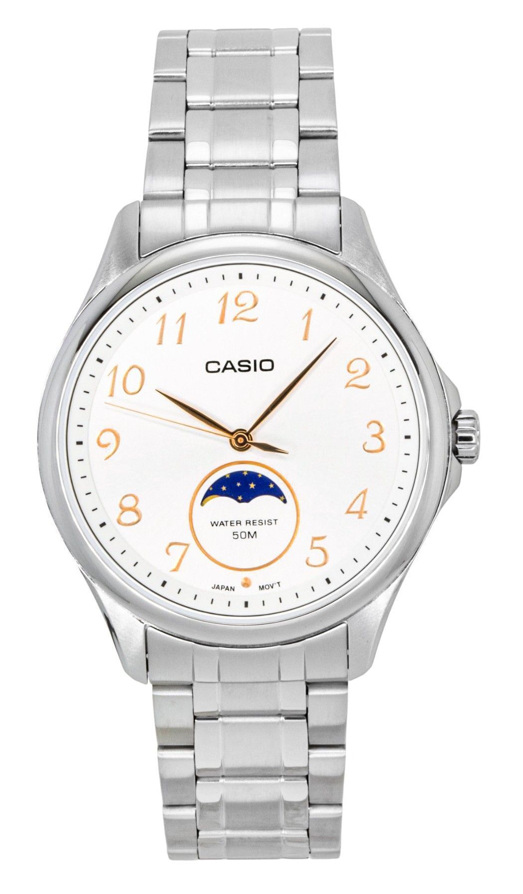 Casio Standard Analog Moon Phase Stainless Steel White Dial Quartz MTP - M110D - 7AV Men's Watch - Prestige Stones