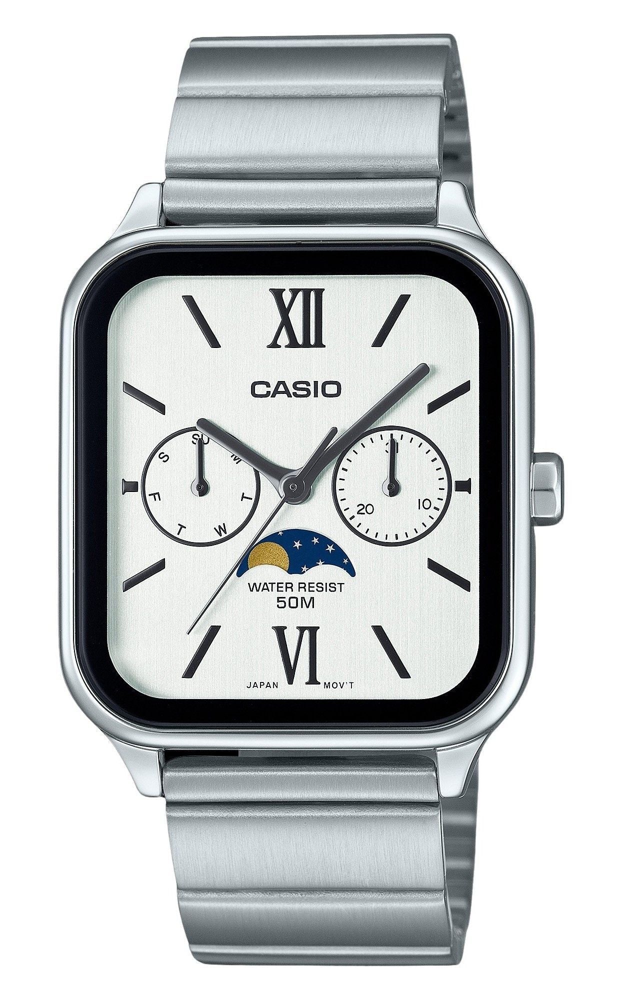 Casio Standard Analog Moon Phase Stainless Steel White Dial Quartz MTP - M305D - 7A2V Men's Watch - Prestige Stones