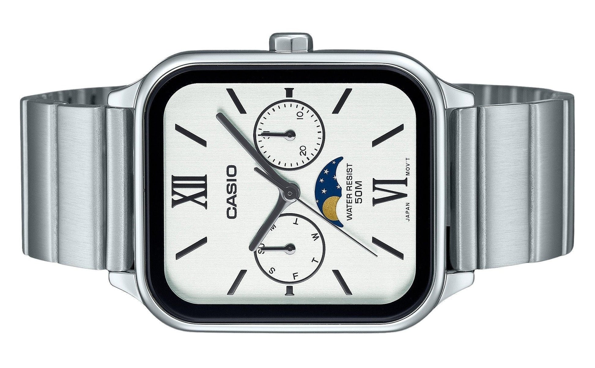 Casio Standard Analog Moon Phase Stainless Steel White Dial Quartz MTP - M305D - 7A2V Men's Watch - Prestige Stones