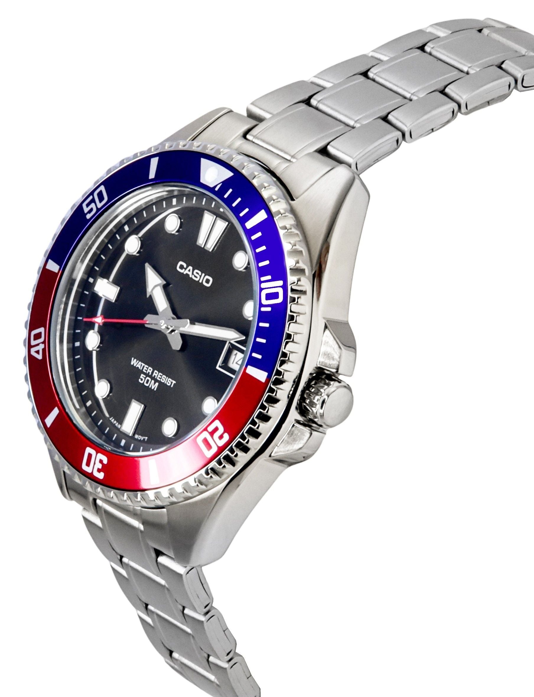 Casio Standard Analog Pepsi Bezel Stainless Steel Black Dial Quartz MDV - 10D - 1A3 Men's Watch - Prestige Stones