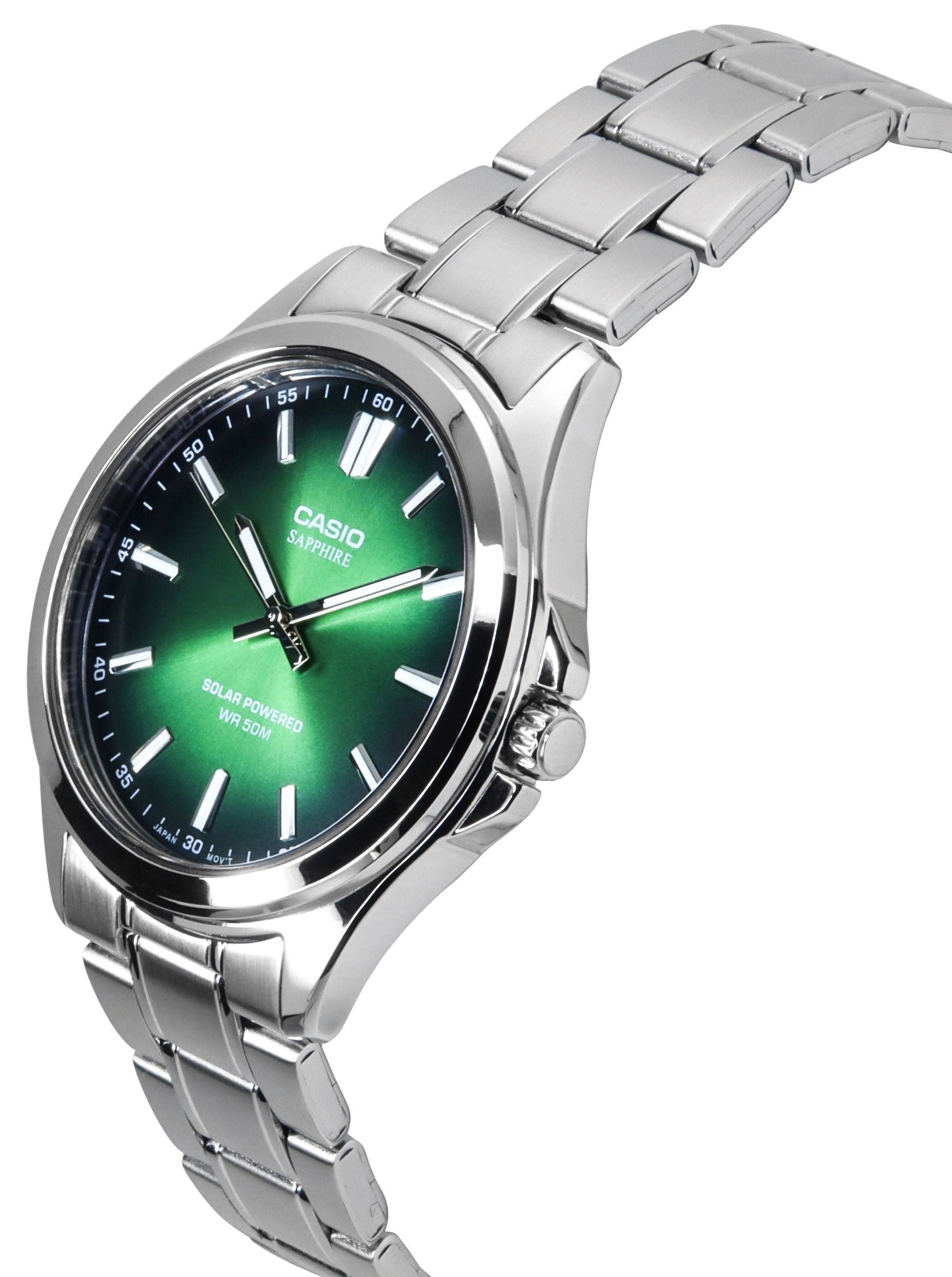 Casio Standard Analog Stainless Steel Green Dial Solar MTS - RS100D - 3AV Men's Watch - Prestige Stones