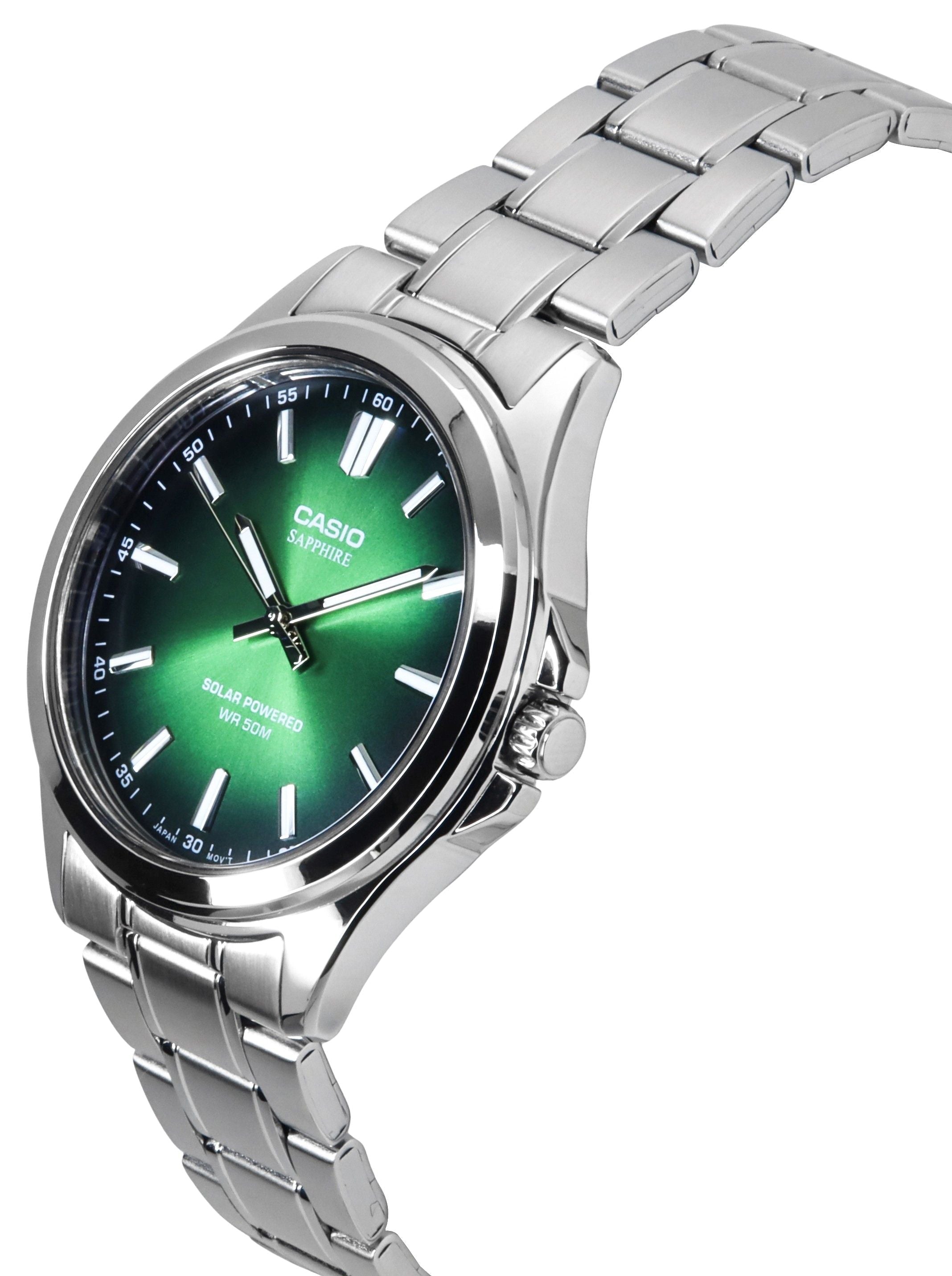 Casio Standard Analog Stainless Steel Green Dial Solar MTS - RS100D - 3AV Men's Watch - Prestige Stones