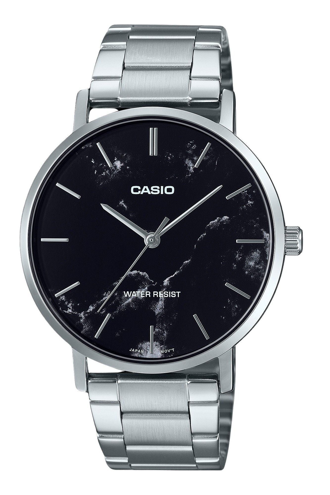 Casio Standard Analog Stainless Steel Marble Inspired Black Dial Quartz MTP - VT01DM - 1A Men's Watch - Prestige Stones