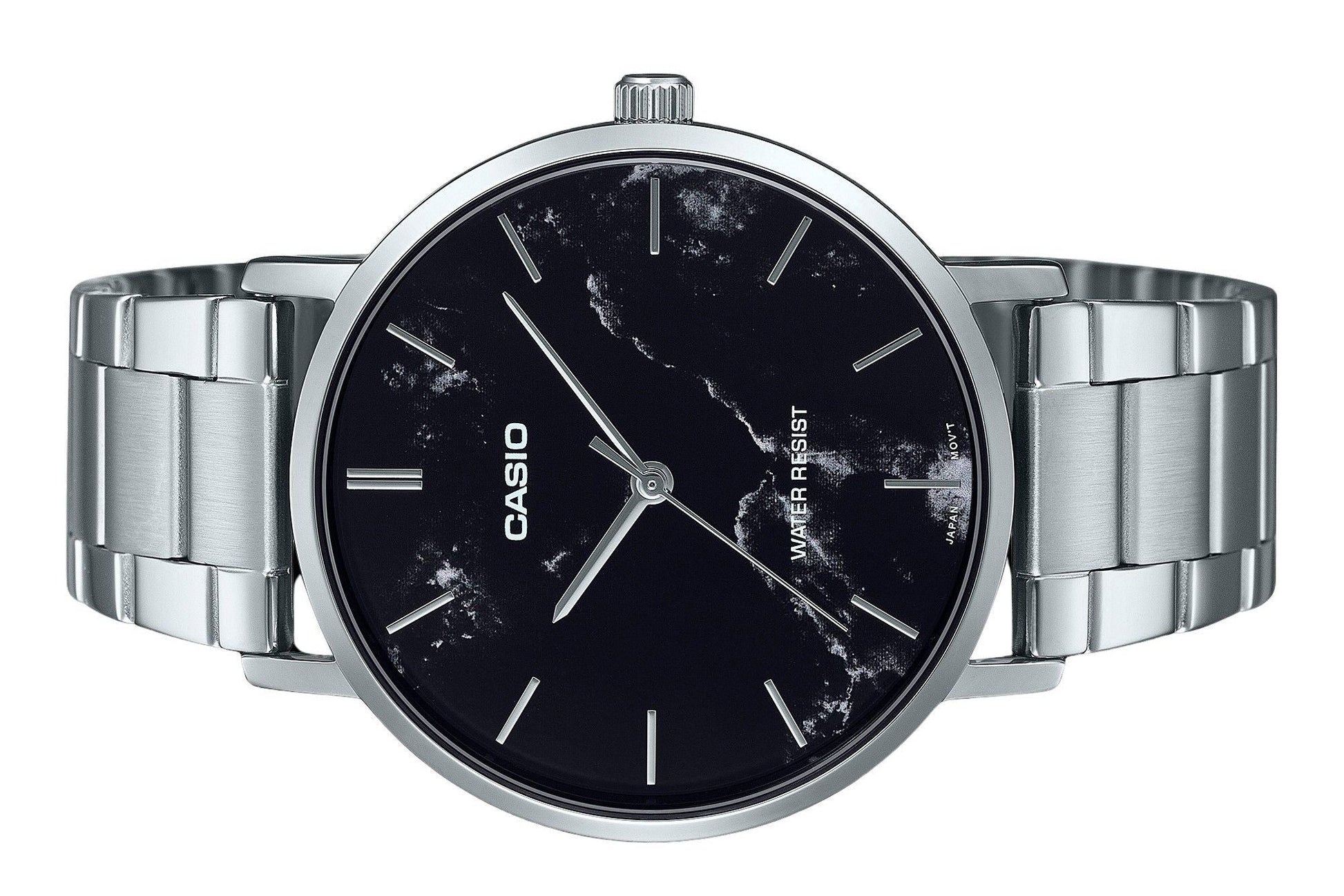 Casio Standard Analog Stainless Steel Marble Inspired Black Dial Quartz MTP - VT01DM - 1A Men's Watch - Prestige Stones