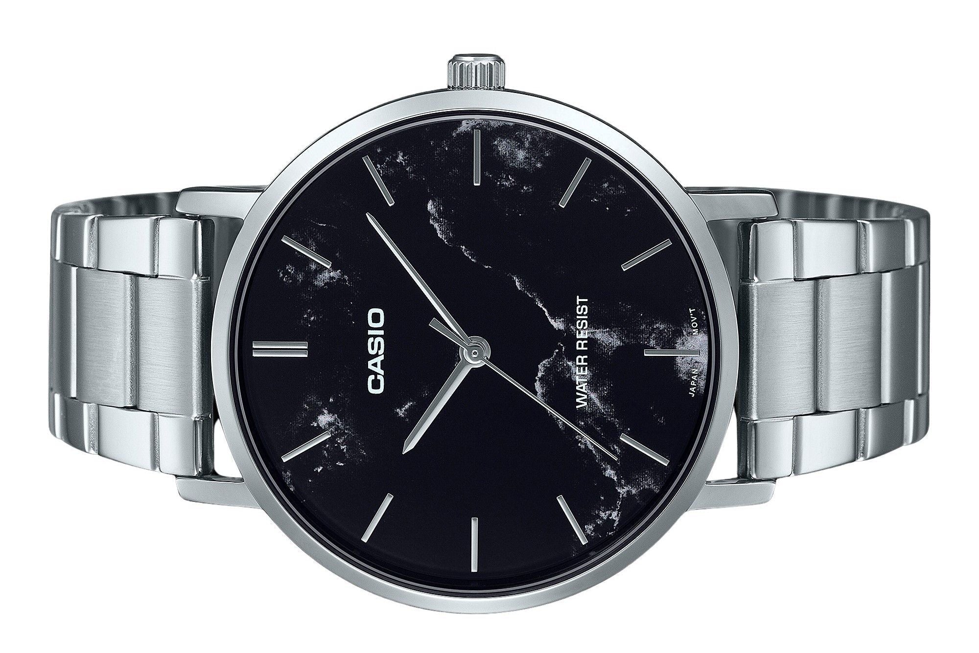 Casio Standard Analog Stainless Steel Marble Inspired Black Dial Quartz MTP - VT01DM - 1A Men's Watch - Prestige Stones