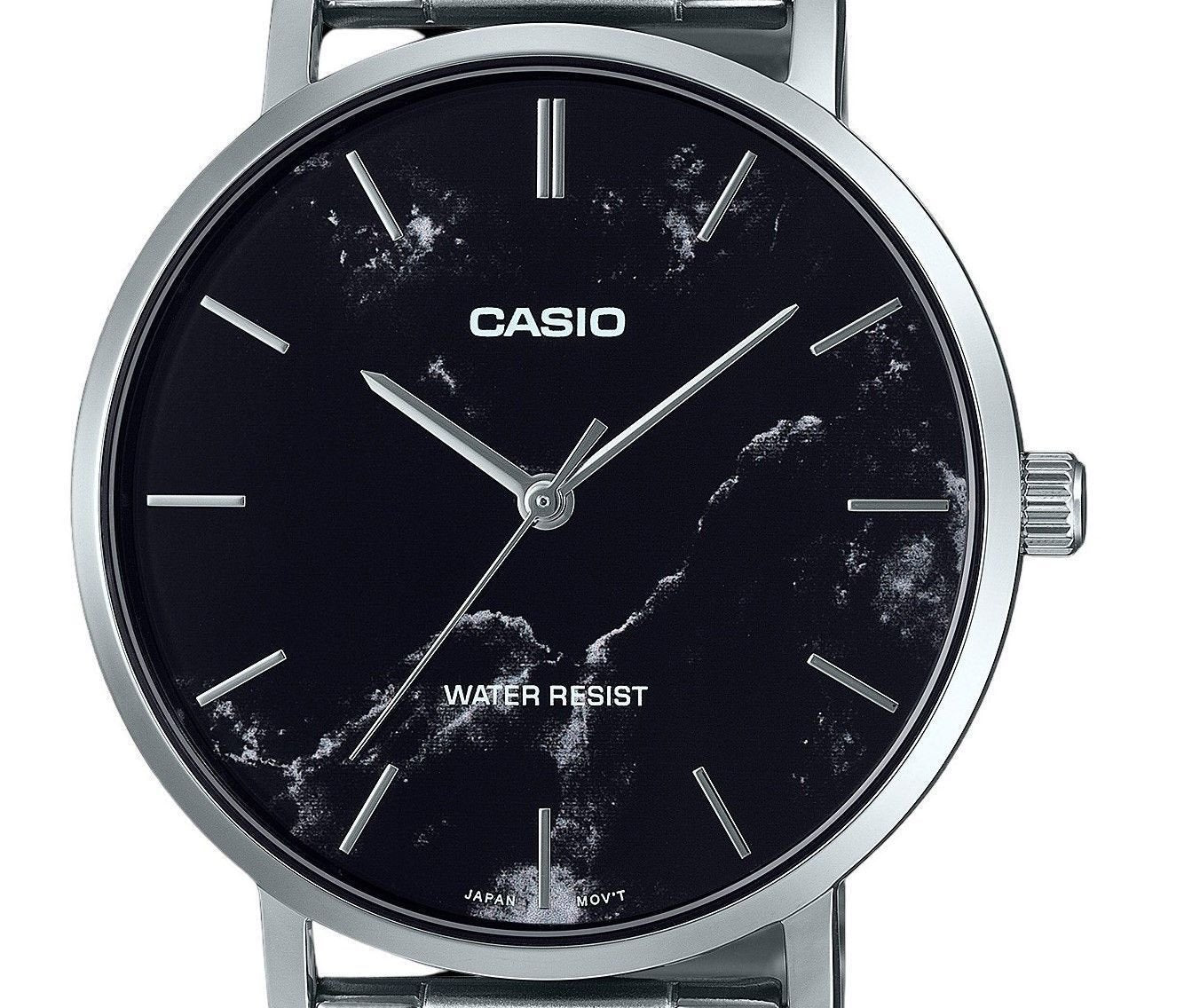 Casio Standard Analog Stainless Steel Marble Inspired Black Dial Quartz MTP - VT01DM - 1A Men's Watch - Prestige Stones
