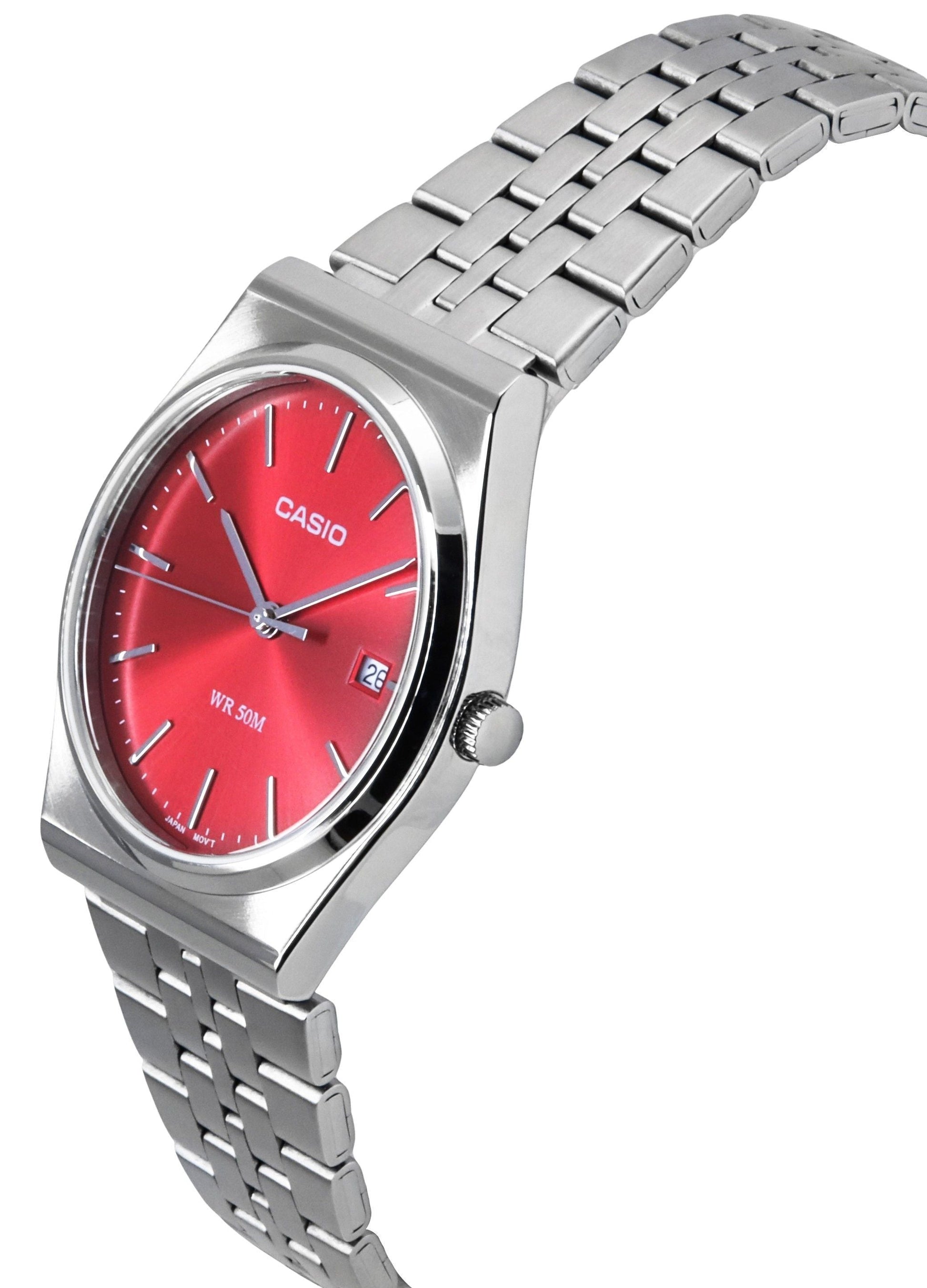 Casio Standard Analog Stainless Steel Red Dial Quartz MTP - B145D - 4A2V Unisex Watch - Prestige Stones