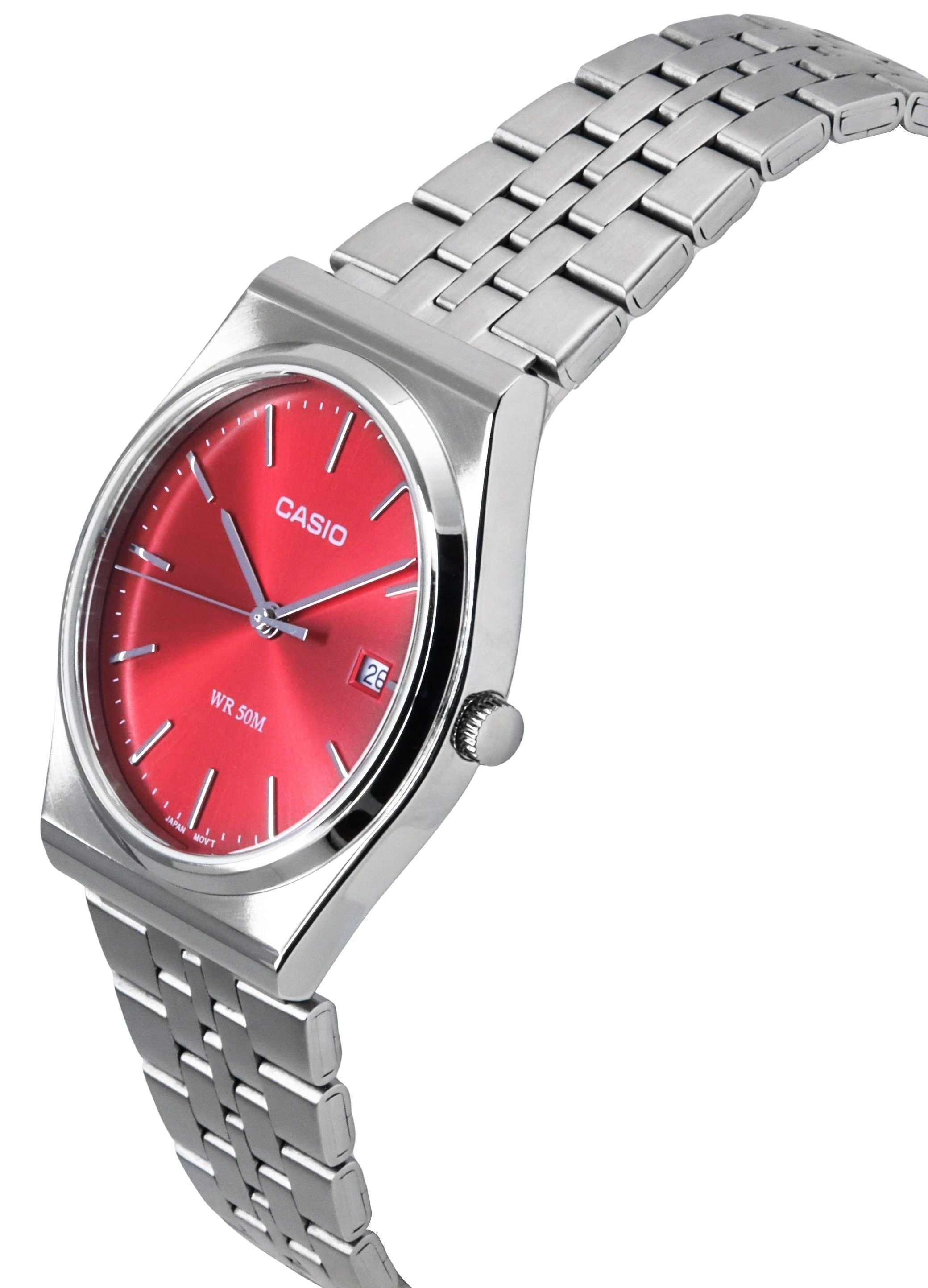 Casio Standard Analog Stainless Steel Red Dial Quartz MTP - B145D - 4A2V Unisex Watch - Prestige Stones