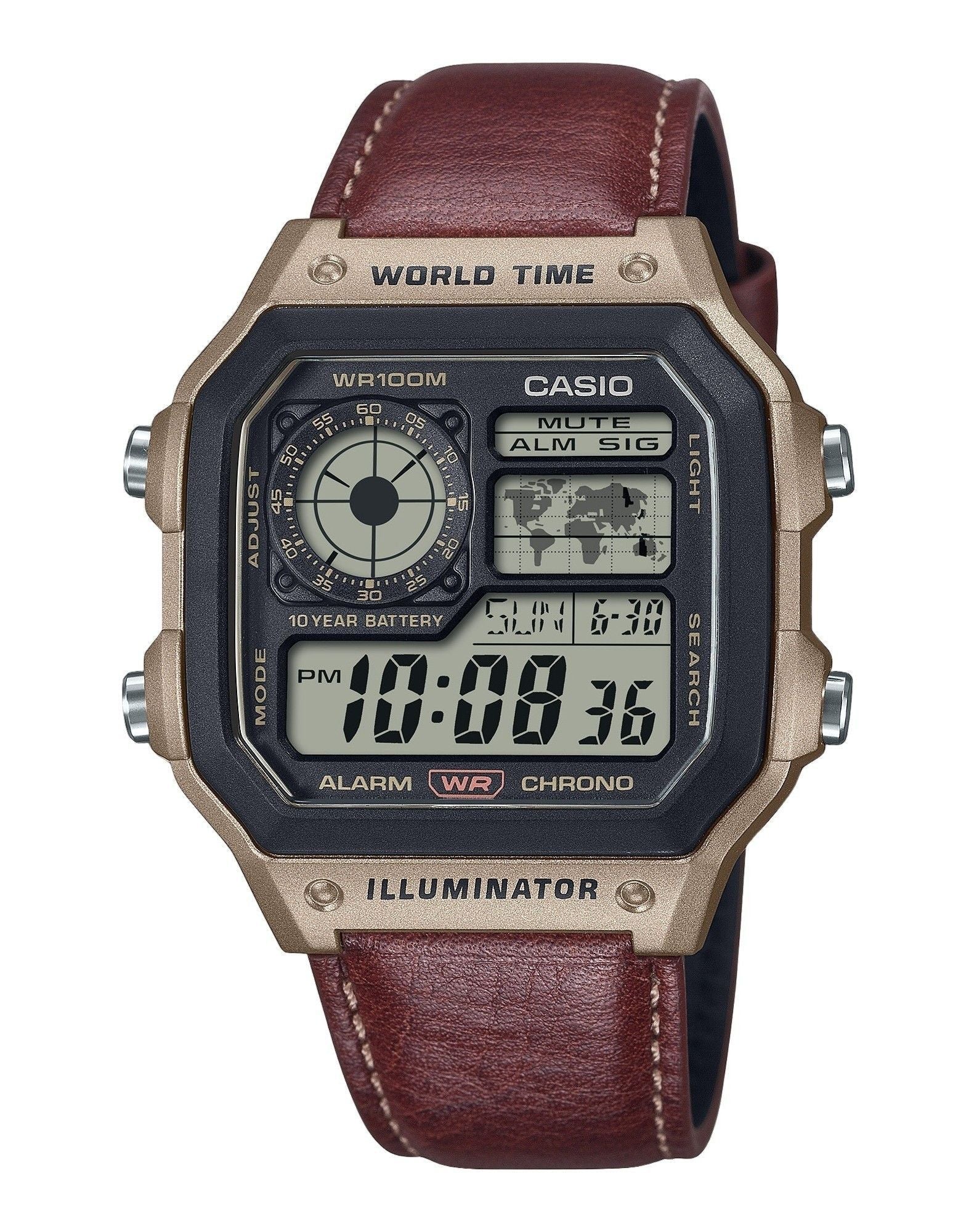 Casio Standard Digital World Time Leather Strap Quartz AE - 1200WHL - 5AV 100M Men's Watch - Prestige Stones