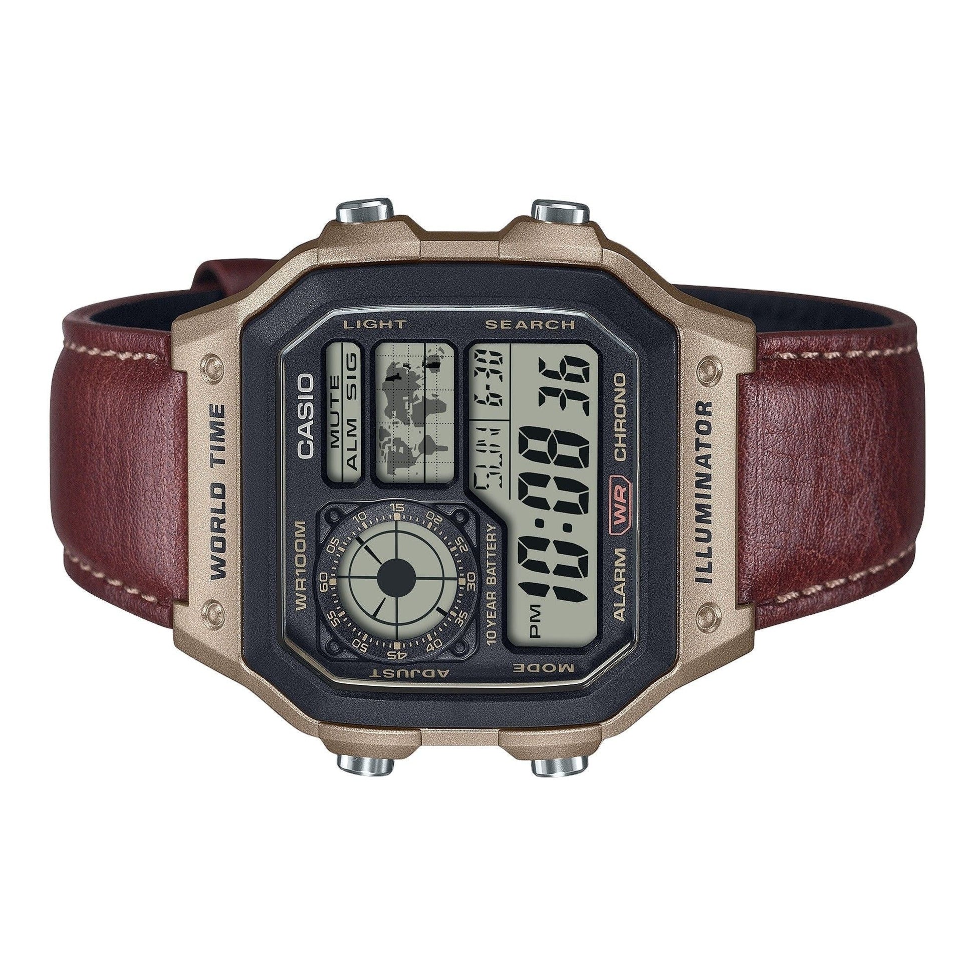 Casio Standard Digital World Time Leather Strap Quartz AE - 1200WHL - 5AV 100M Men's Watch - Prestige Stones
