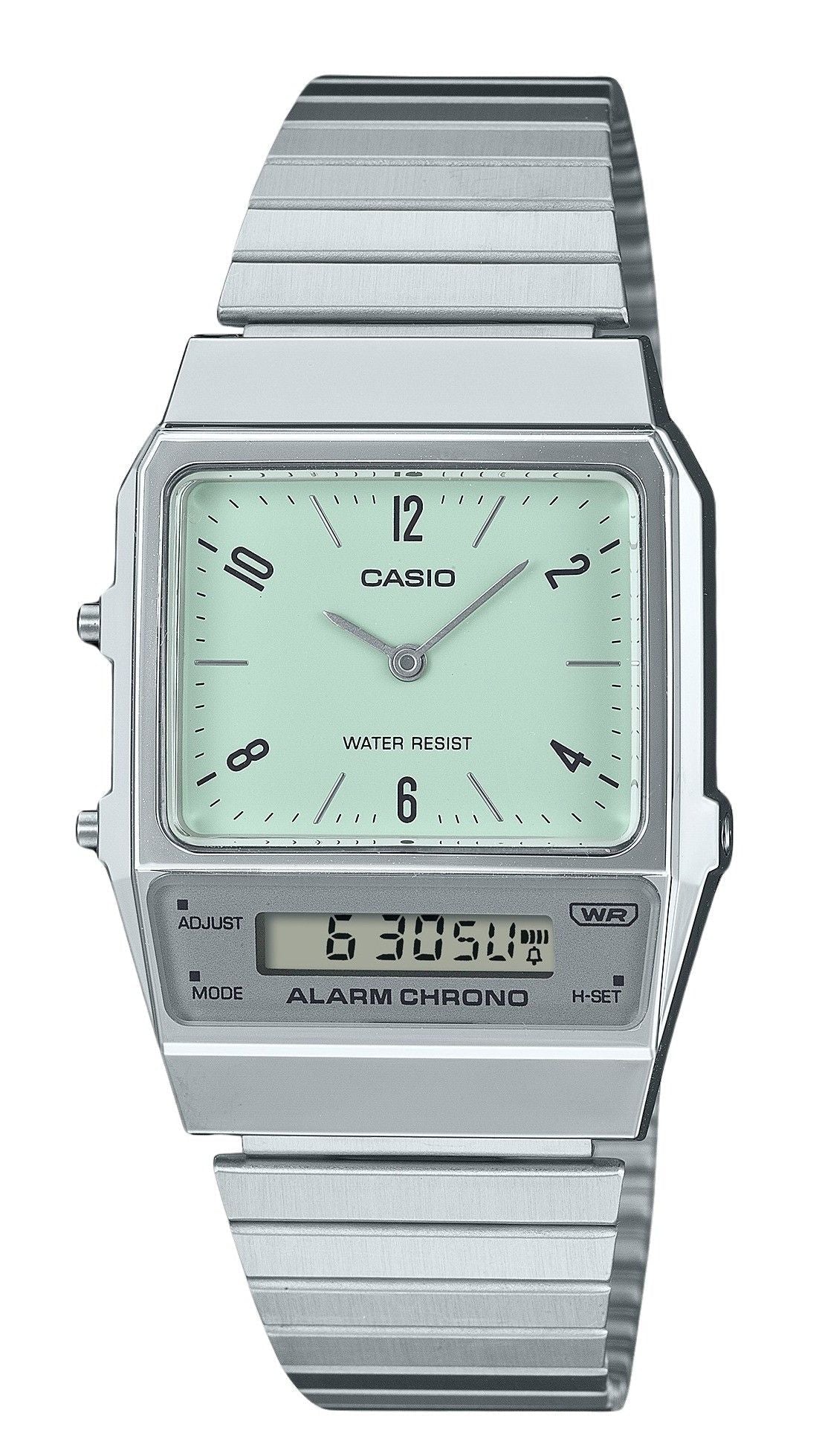 Casio Vintage Analog Digital Dual Time Stainless Steel Bracelet Green Dial Quartz AQ - 800E - 3A Unisex Watch - Prestige Stones