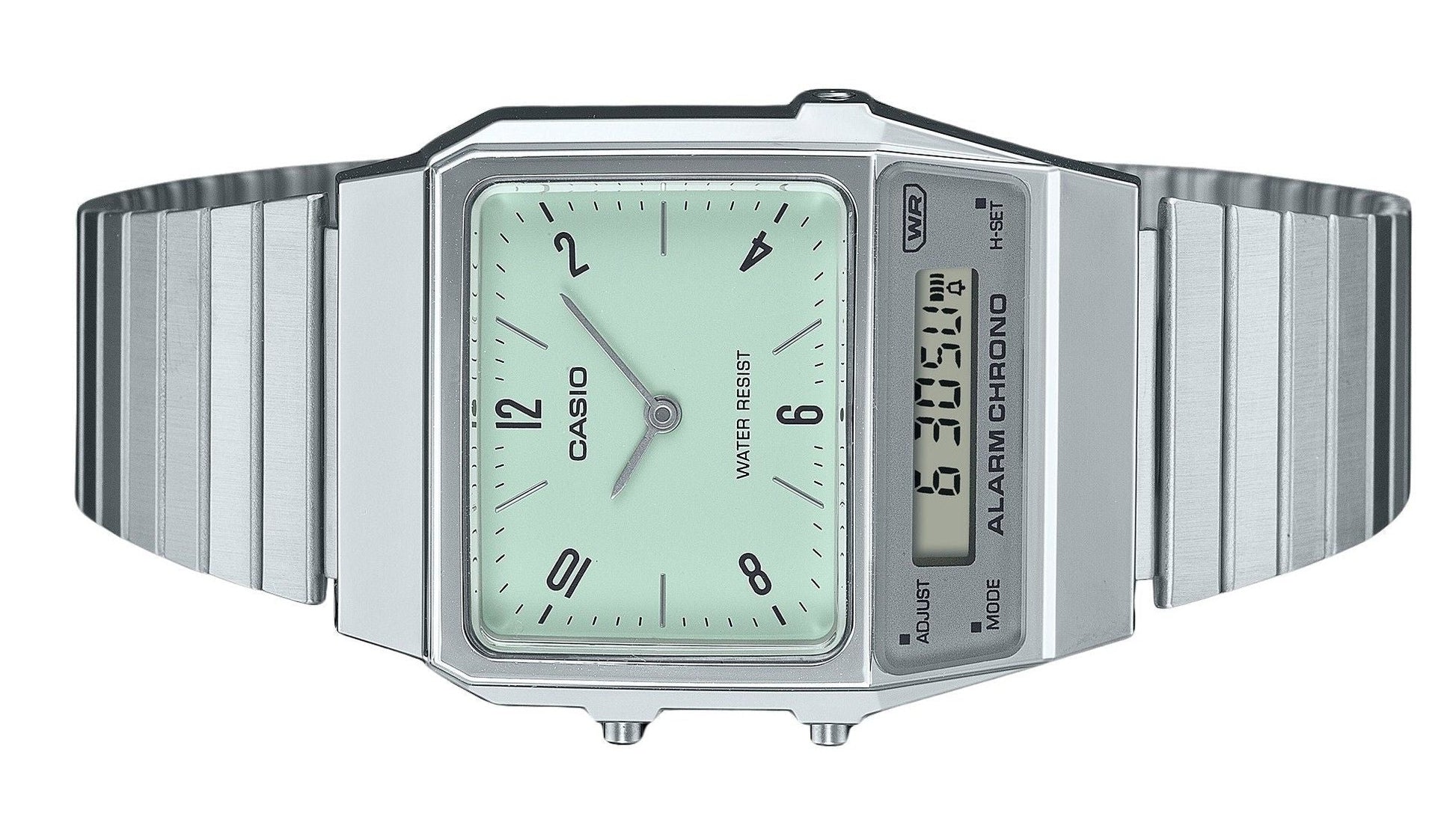 Casio Vintage Analog Digital Dual Time Stainless Steel Bracelet Green Dial Quartz AQ - 800E - 3A Unisex Watch - Prestige Stones