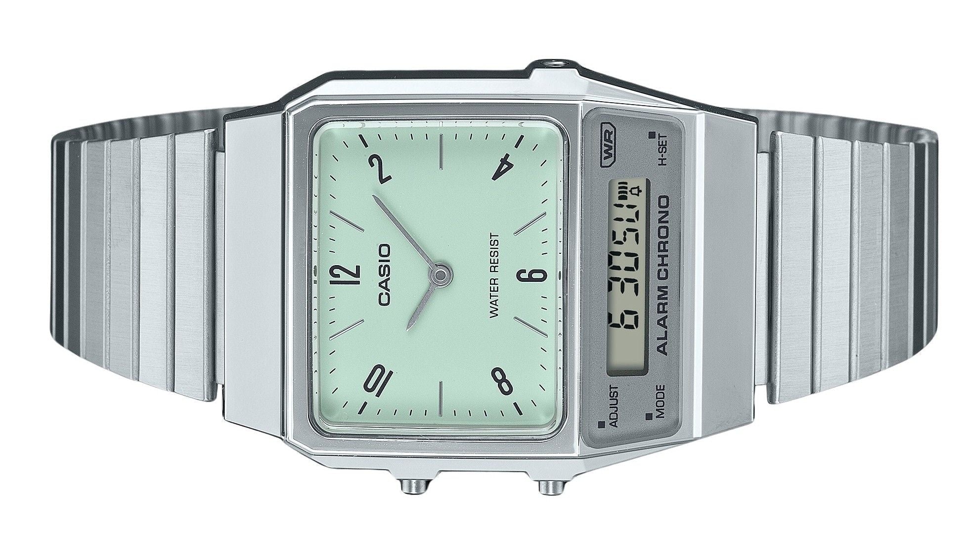 Casio Vintage Analog Digital Dual Time Stainless Steel Bracelet Green Dial Quartz AQ - 800E - 3A Unisex Watch - Prestige Stones