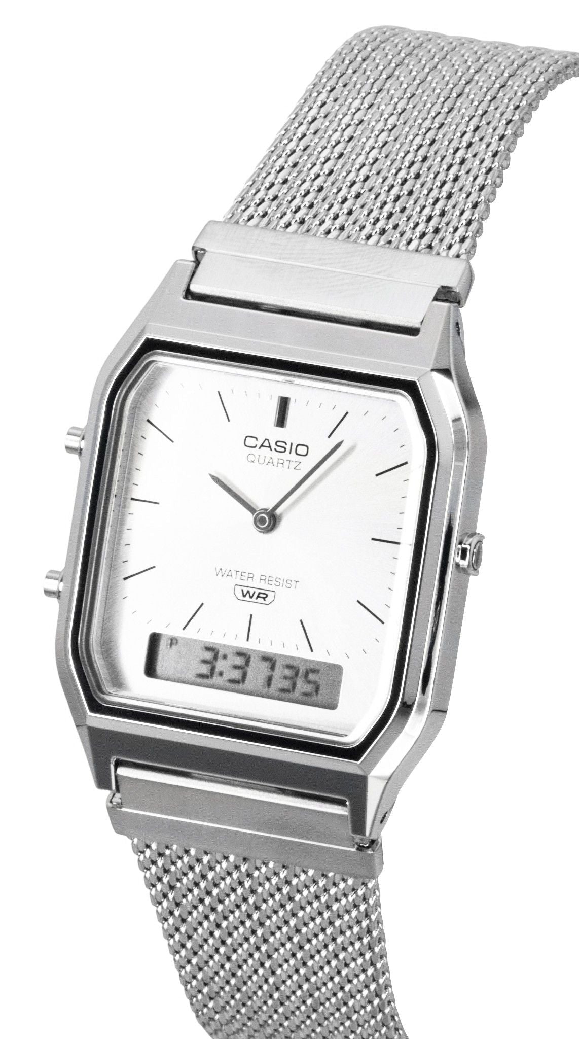 Casio Vintage Analog Digital Stainless Steel Mesh Bracelet Silver Dial Quartz AQ - 230EM - 7A Unisex Watch - Prestige Stones