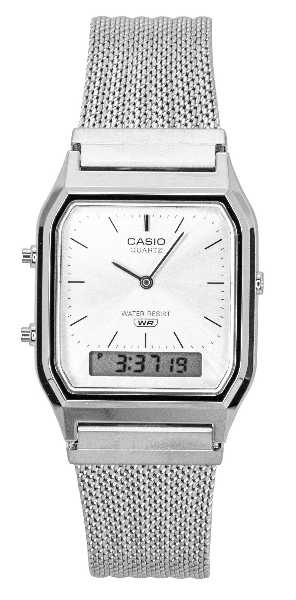 Casio Vintage Analog Digital Stainless Steel Mesh Bracelet Silver Dial Quartz AQ - 230EM - 7A Unisex Watch - Prestige Stones