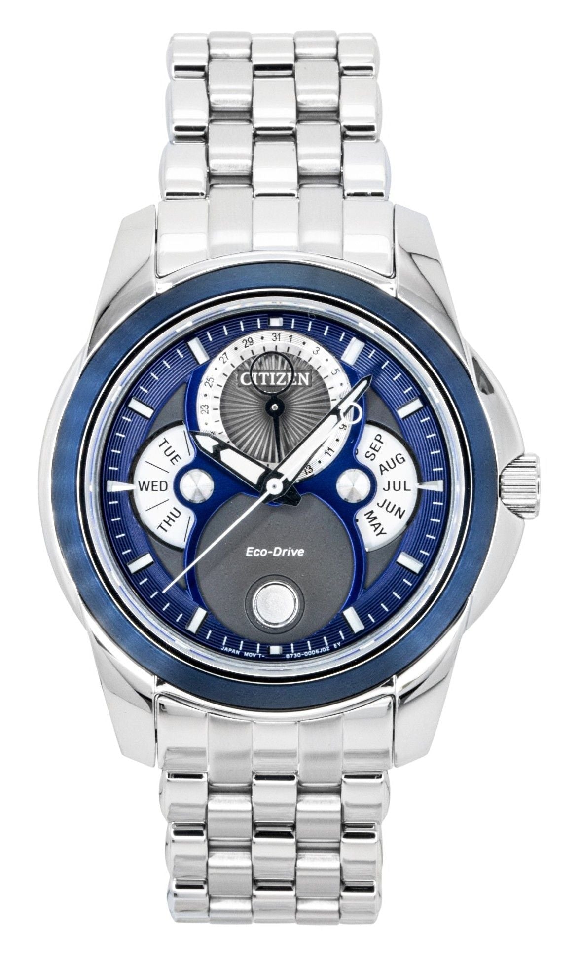 Citizen Calendrier Moon Phase Stainless Steel Blue Dial Eco - Drive BU0088 - 51H 100M Men's Watch - Prestige Stones