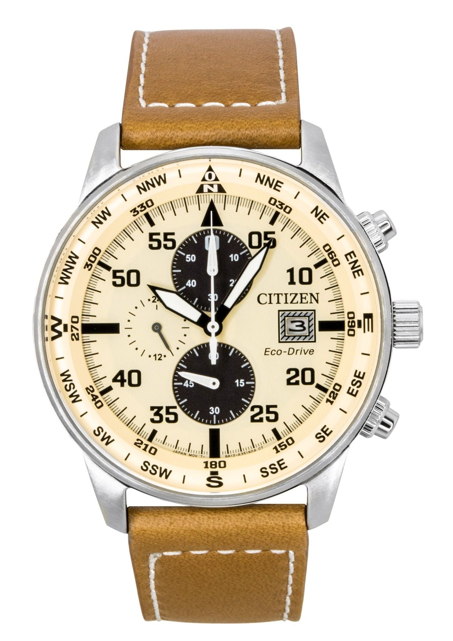 Citizen Eco - Drive Aviator Chronograph Leather Strap Beige Dial CA0880 - 15X 100M Men's Watch - Prestige Stones