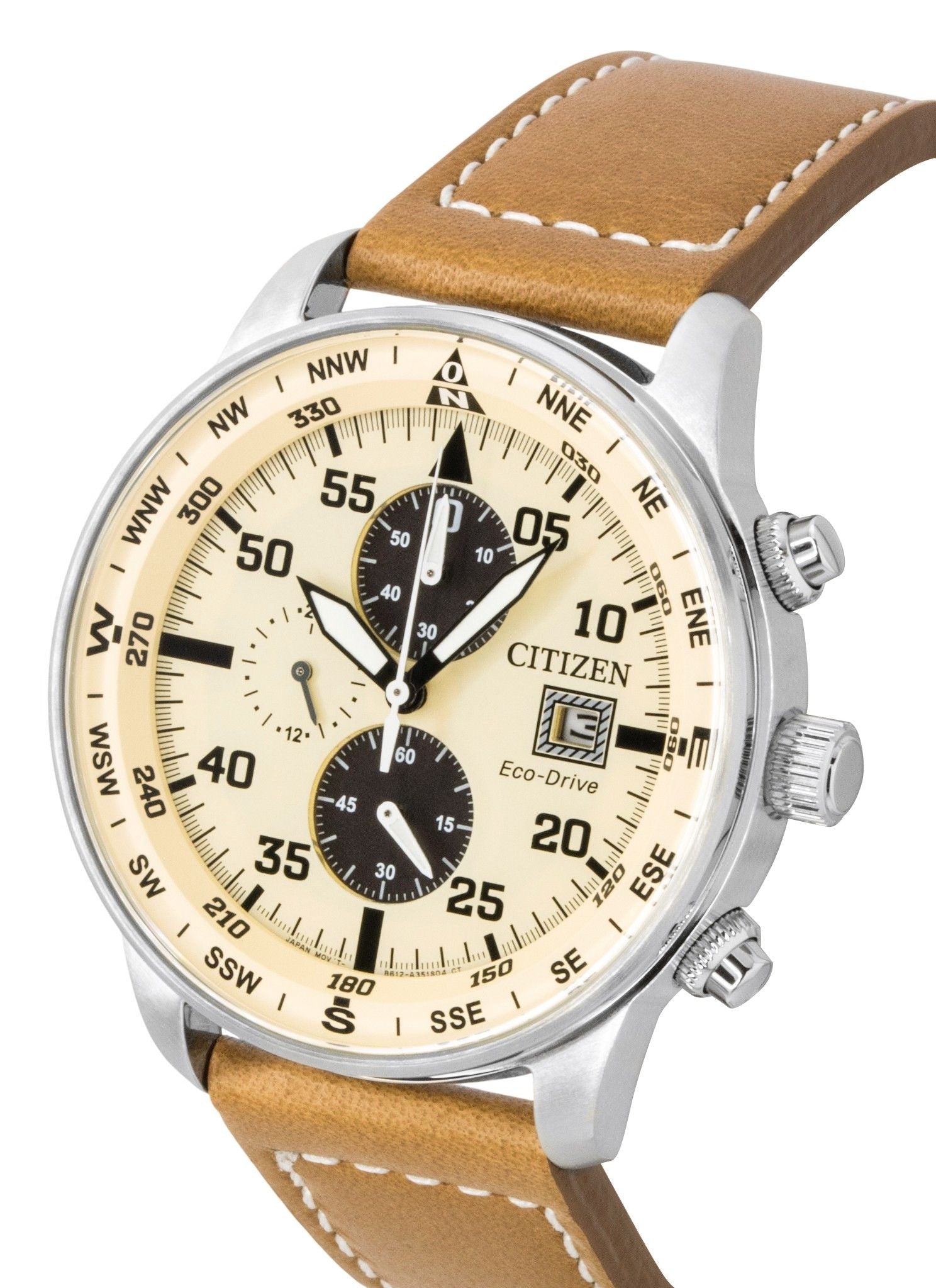Citizen Eco - Drive Aviator Chronograph Leather Strap Beige Dial CA0880 - 15X 100M Men's Watch - Prestige Stones