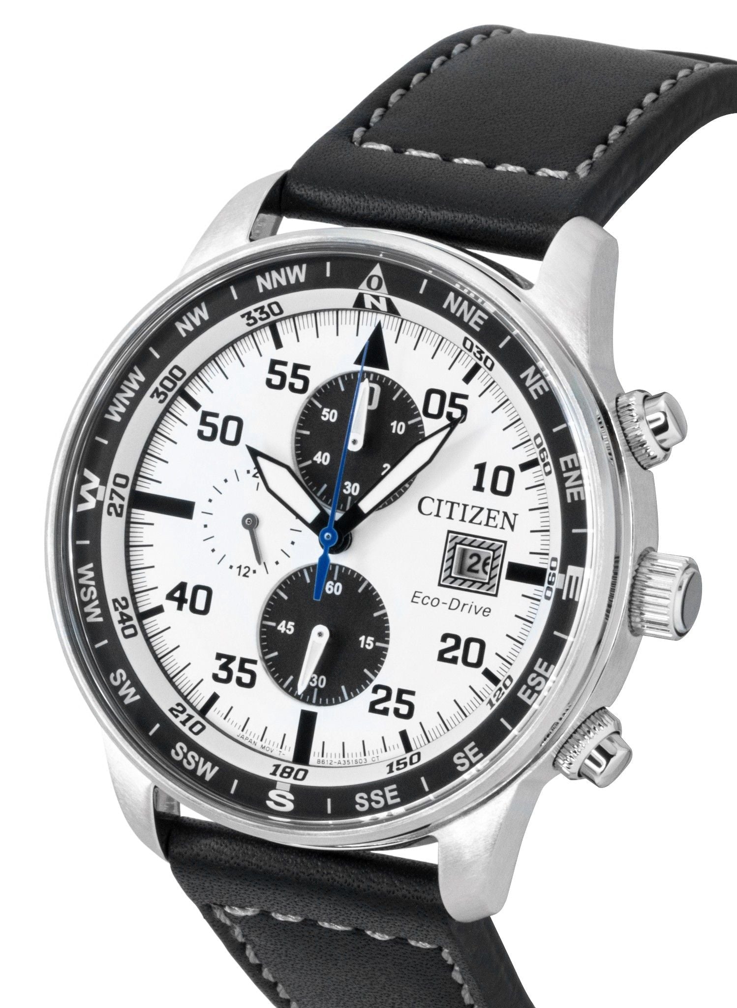 Citizen Eco - Drive Aviator Chronograph Leather Strap White Dial CA0880 - 07A 100M Men's Watch - Prestige Stones