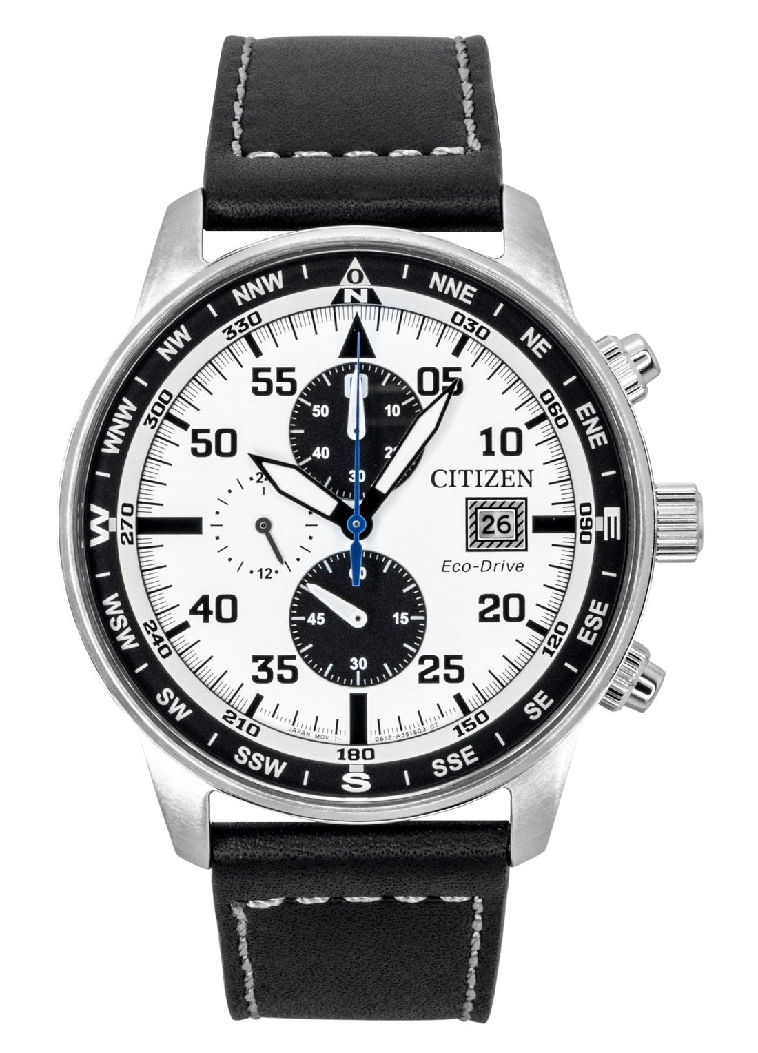 Citizen Eco - Drive Aviator Chronograph Leather Strap White Dial CA0880 - 07A 100M Men's Watch - Prestige Stones