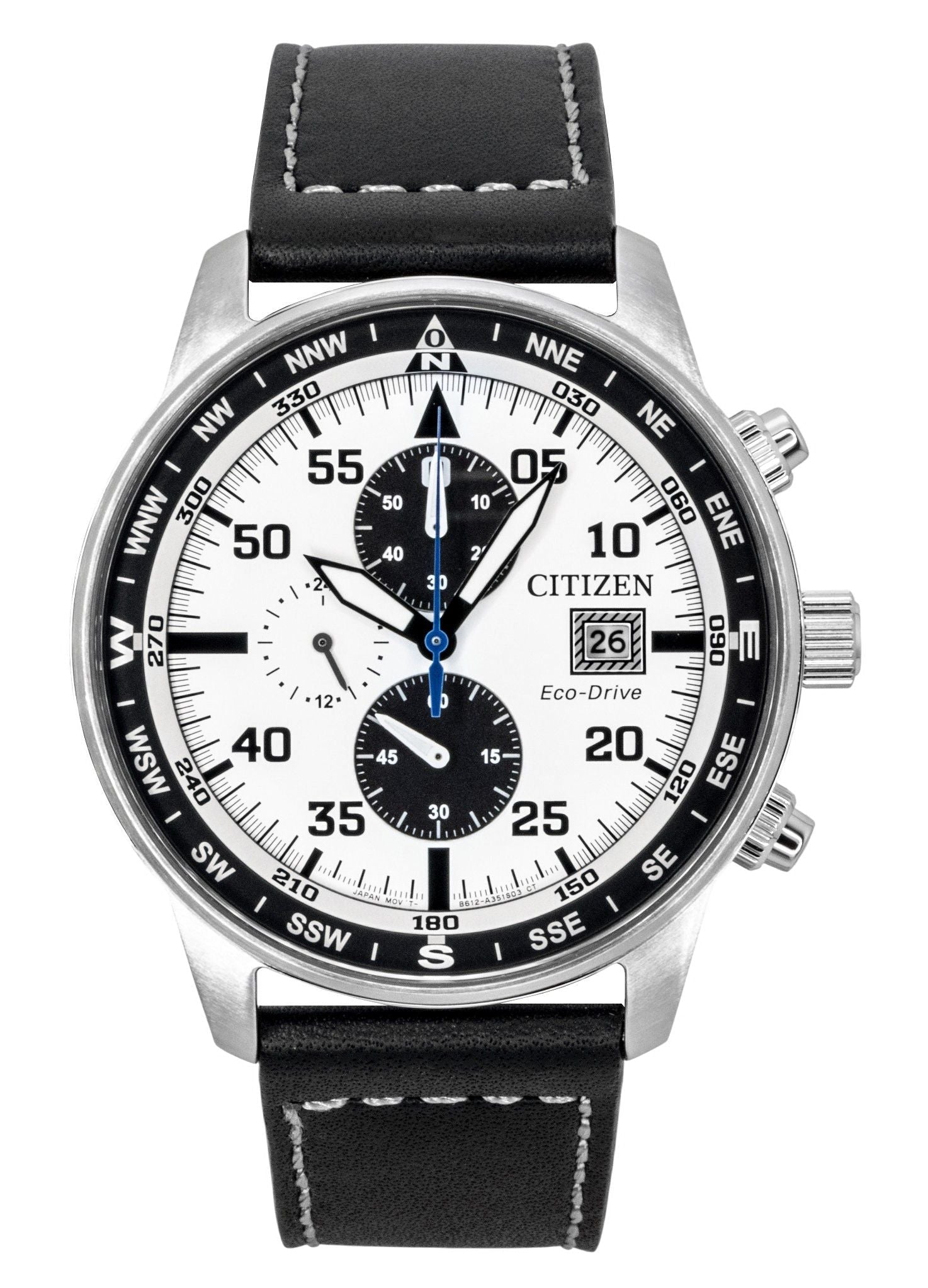 Citizen Eco - Drive Aviator Chronograph Leather Strap White Dial CA0880 - 07A 100M Men's Watch - Prestige Stones