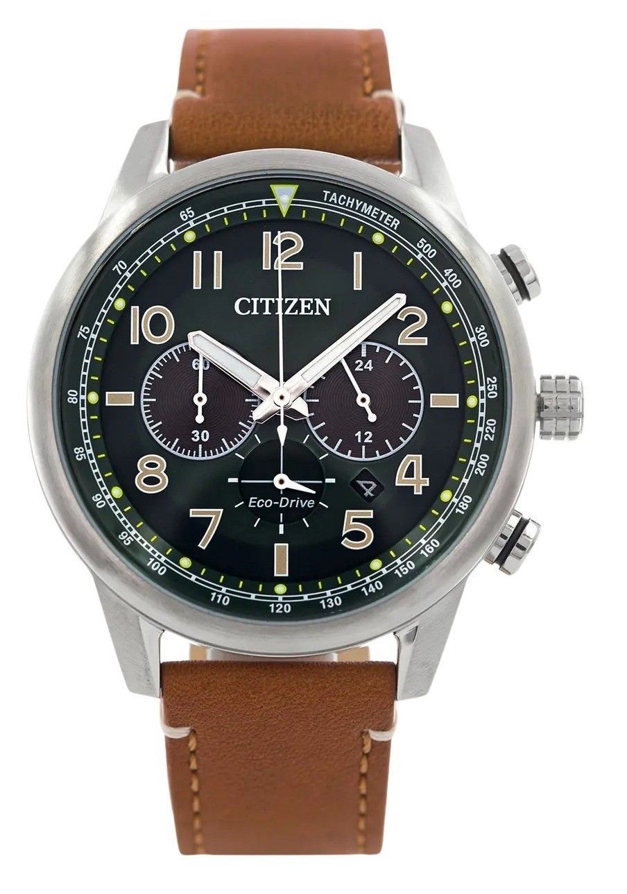 Citizen Eco - Drive Chronograph Leather Strap Green Dial CA4420 - 21X 100M Men's Watch - Prestige Stones