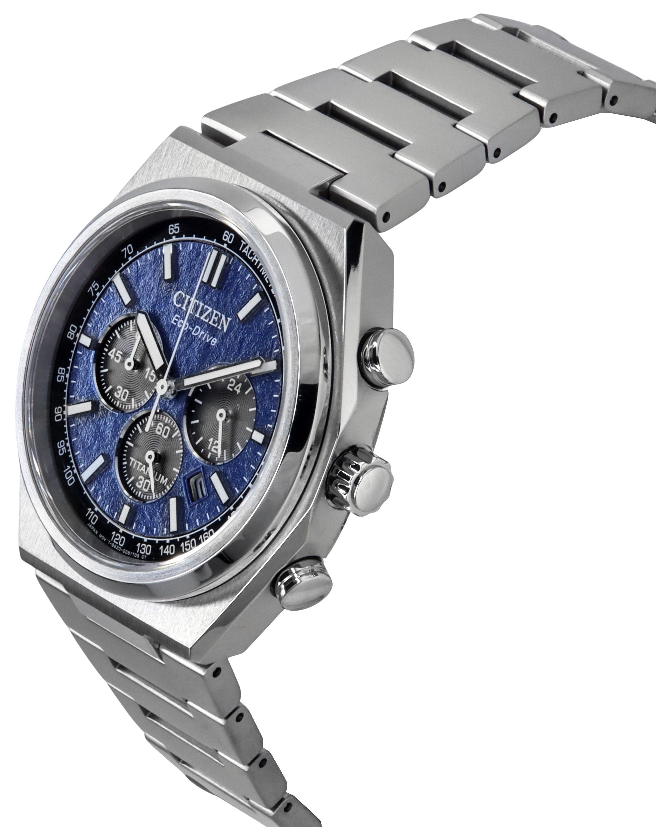 Citizen Zenshin Chronograph Super Titanium Blue Dial Eco - Drive CA4610 - 85L 100M Men's Watch - Prestige Stones