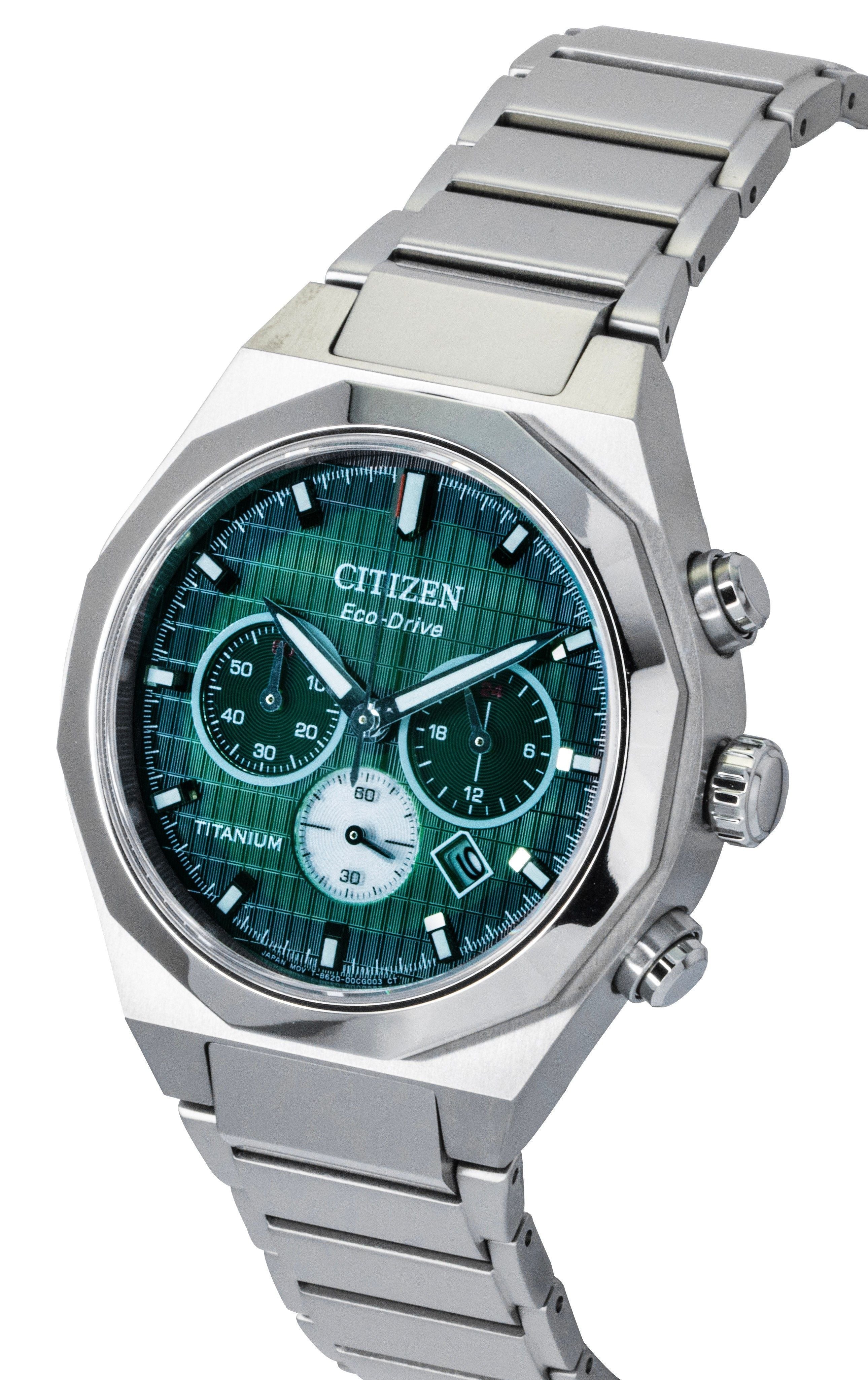 Citizen Zenshin Senkei Chronograph Super Titanium Green Dial Eco - Drive CA4691 - 59X 100M Men's Watch - Prestige Stones