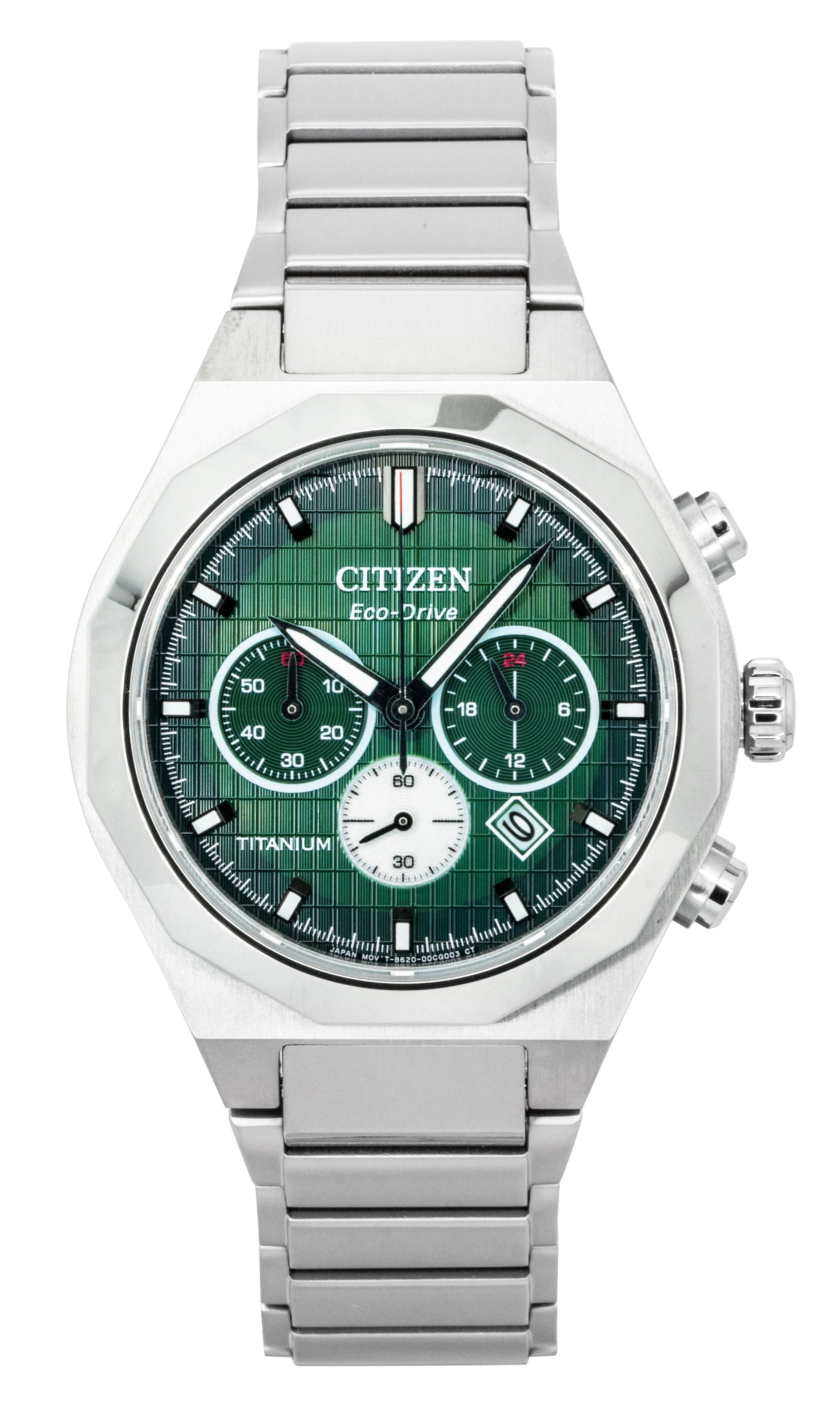 Citizen Zenshin Senkei Chronograph Super Titanium Green Dial Eco - Drive CA4691 - 59X 100M Men's Watch - Prestige Stones