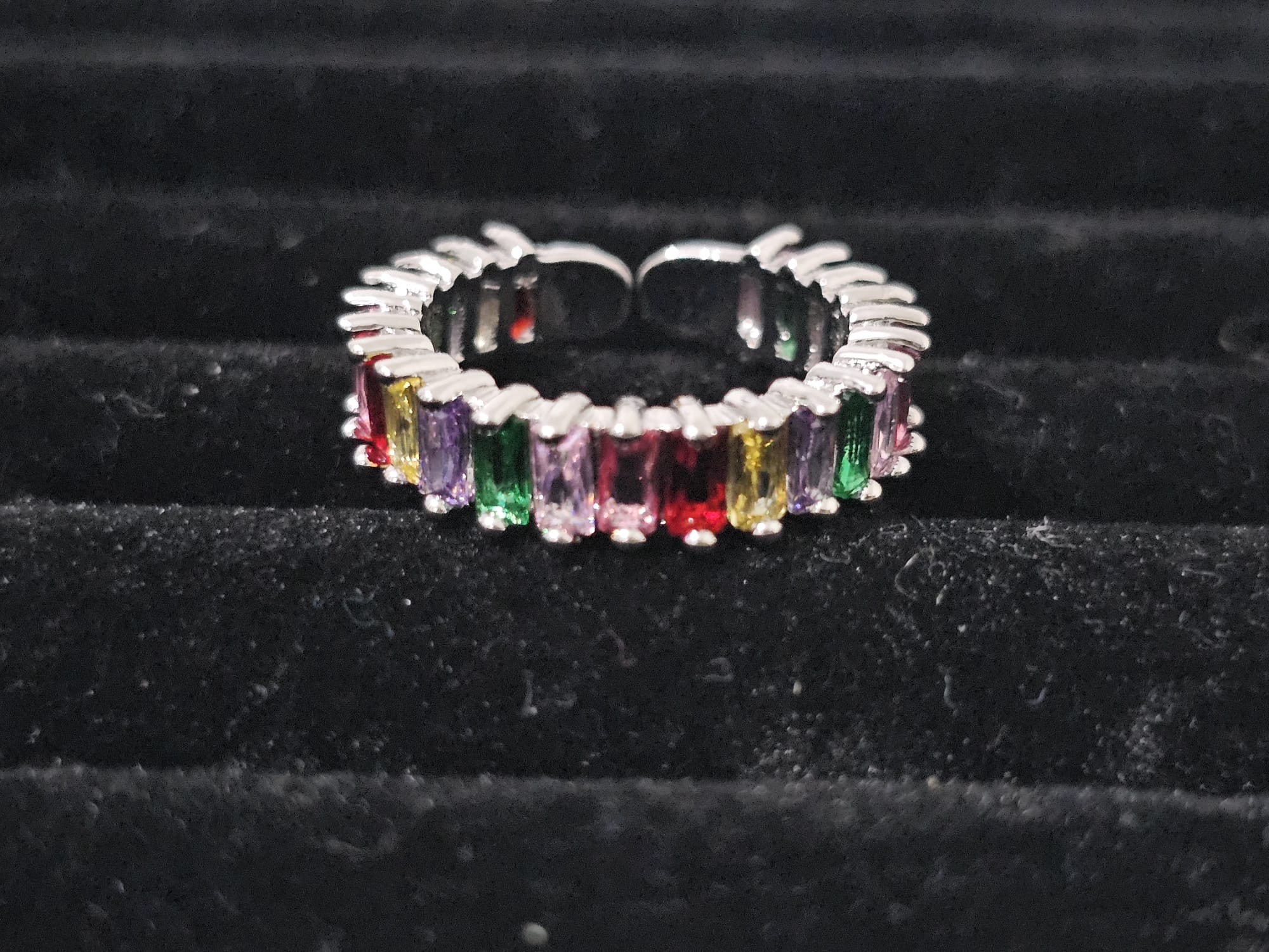 Adjustable open ring with multicolor square zirconia stones and silver-tone finish