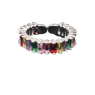 Adjustable open ring with multicolor square zirconia stones and silver-tone finish