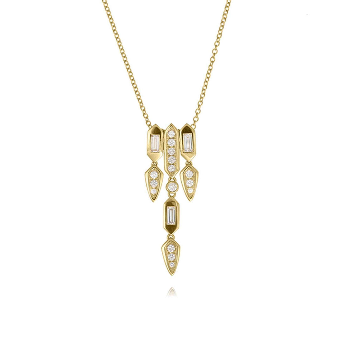 18ct gold Deco drop necklace with 0.70ct diamonds in rubover/grain setting, rolo chain, lobster clasp, custom-made