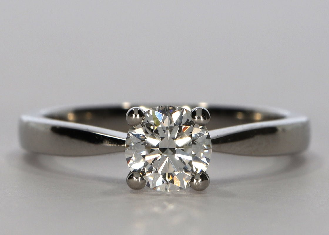 Delicacy ring in Platinum set with a Round 0.46ct D - Perfectly White VVS2 - Lab - grown Diamond. Band width of approximately 2mm which tapers toward the diamond to enhance size and brilliance. - Prestige Stones