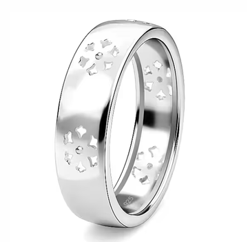 diamond floral band ring in sterling silver with 3 single-cut diamonds and cut-out floral motifs