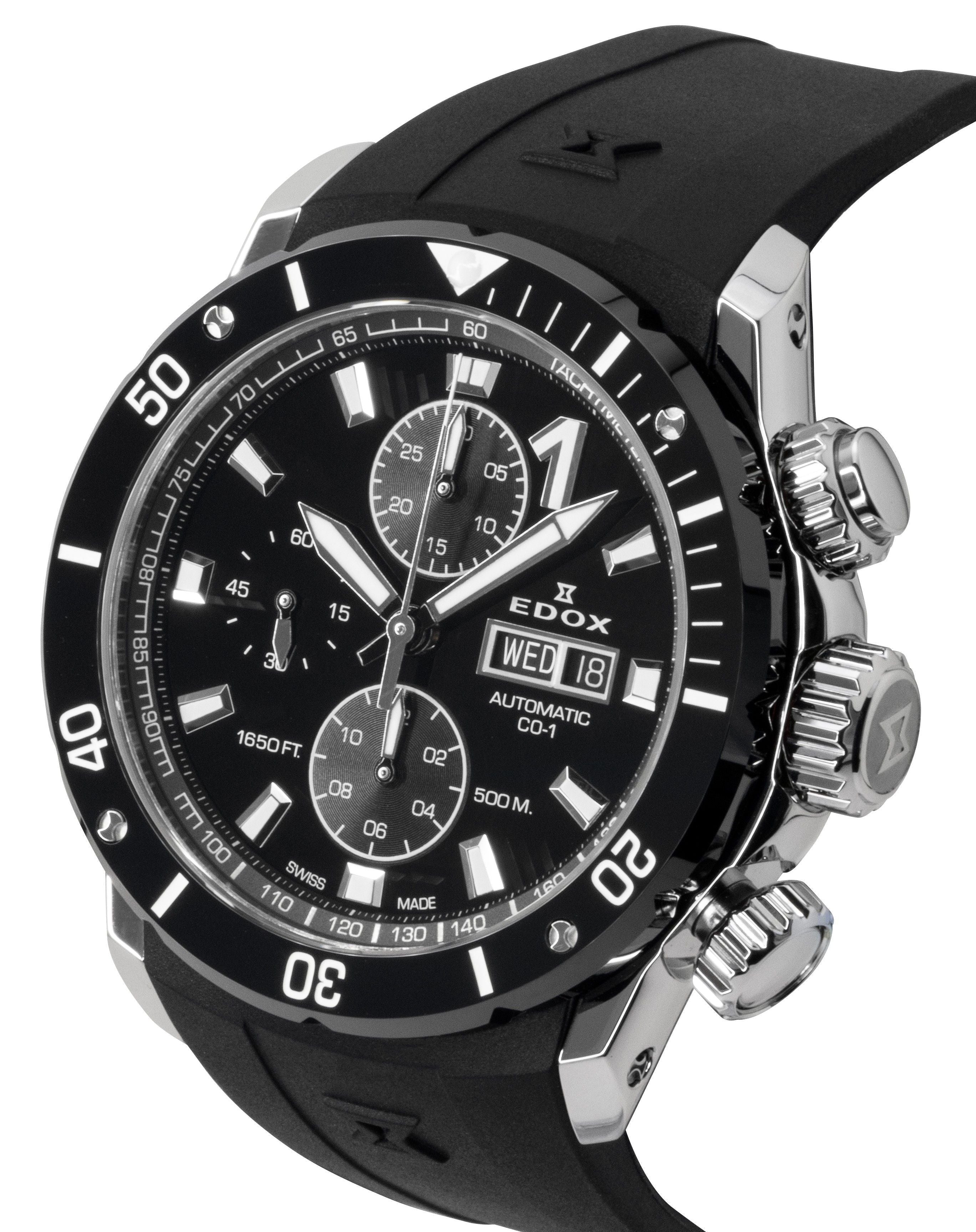 Edox CO - 1 Chronograph Rubber Strap Black Dial Automatic Diver's 01128 - 3NRCA - NN 500M Men's Watch - Prestige Stones