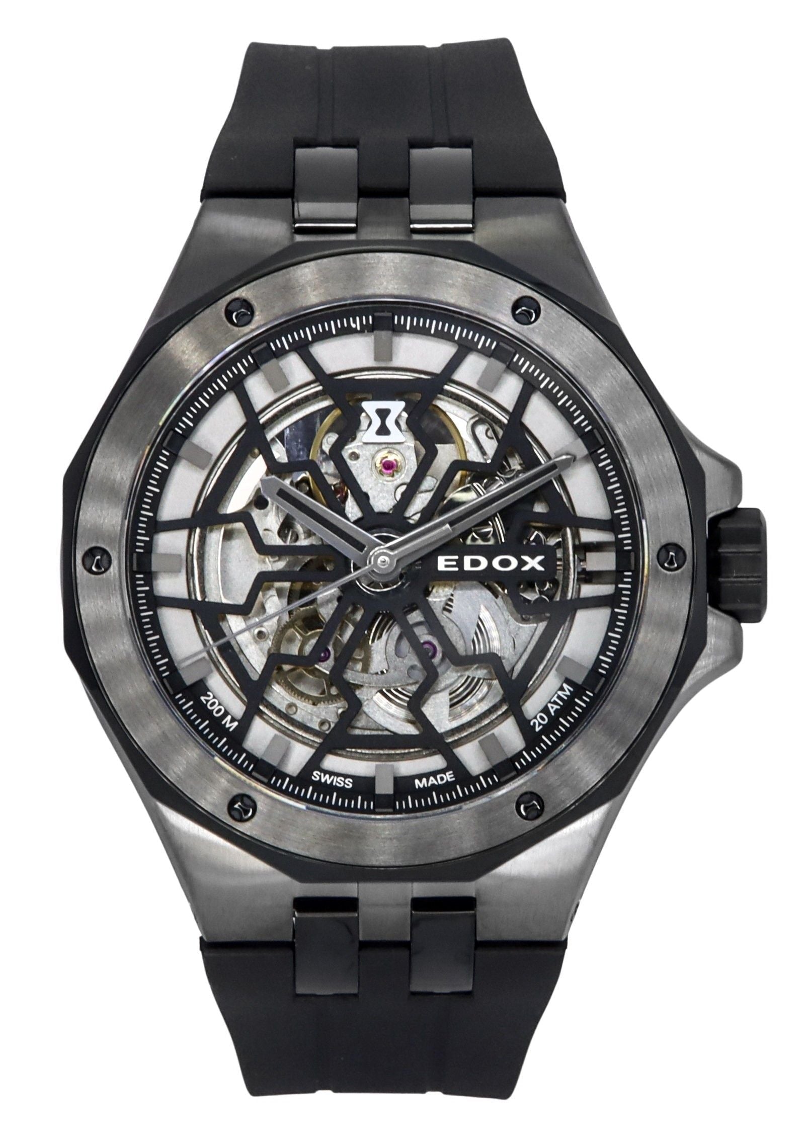 Edox Delfin The Original Mecano Rubber Strap Skeleton Black Dial Automatic Diver's 85303 357GN NGN 200M Men's Watch - Prestige Stones