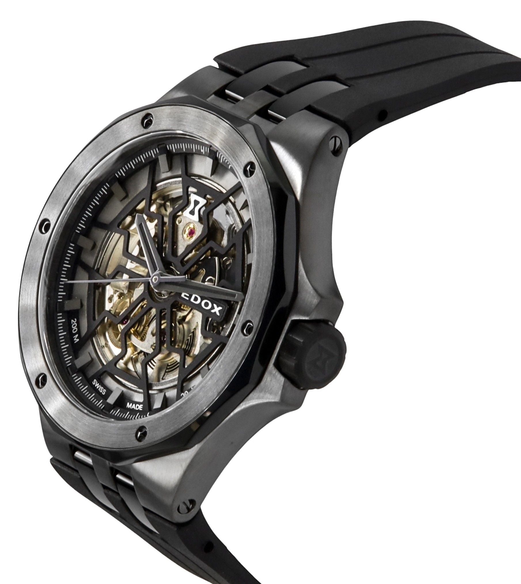 Edox Delfin The Original Mecano Rubber Strap Skeleton Black Dial Automatic Diver's 85303 357GN NGN 200M Men's Watch - Prestige Stones