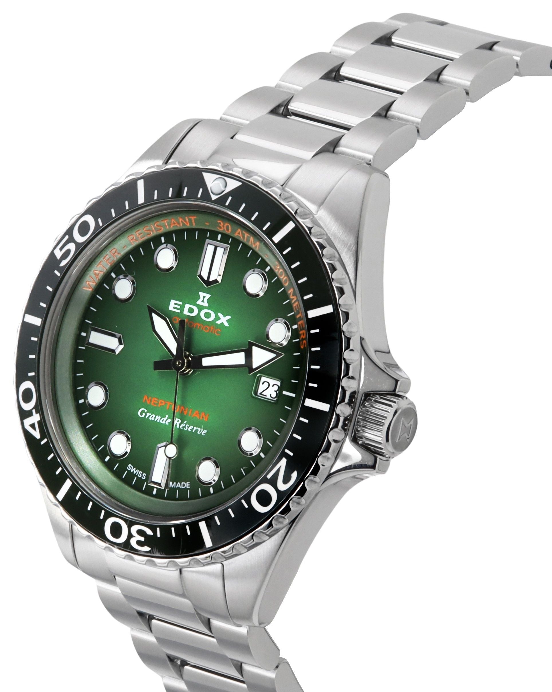 Edox Neptunian Grande Reserve Date Green Dial Automatic Diver's 80801 3VM VDN 300M Men's Watch - Prestige Stones
