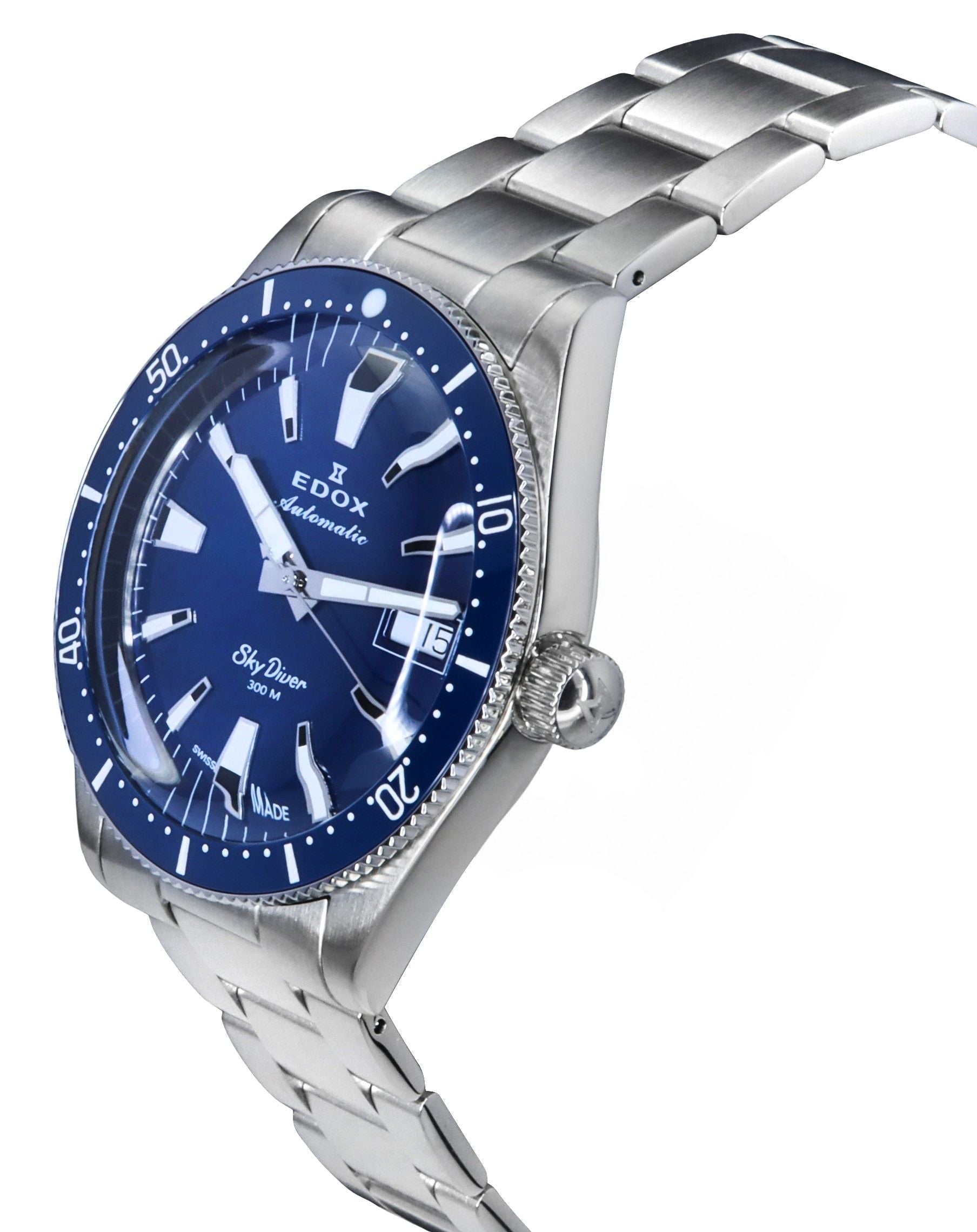 Edox Skydiver Date Limited Edition Stainless Steel Blue Dial Automatic Diver's 80126 3BUM BUIN 300M Men's Watch - Prestige Stones
