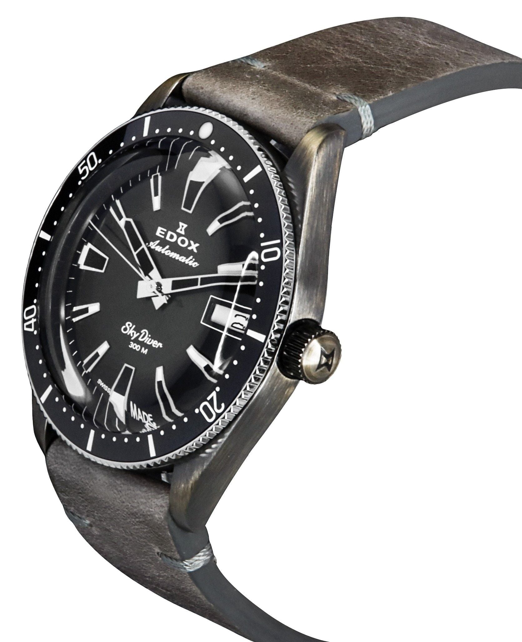 Edox Skydiver Limited Edition Leather Strap Grey Dial Automatic Diver's 80126 3VIN GDN 300M Men's Watch - Prestige Stones